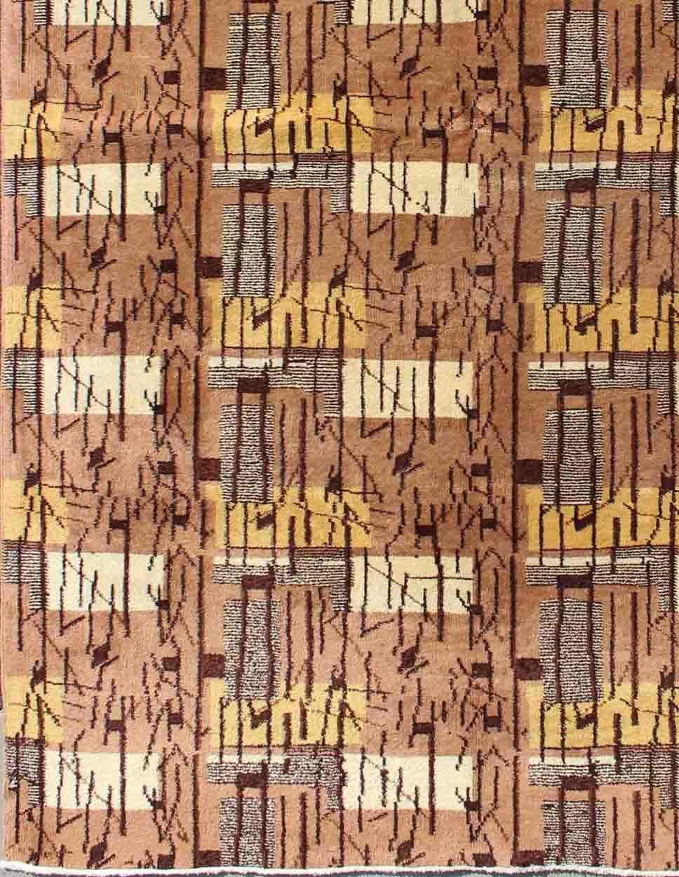 20th Century Mid-Century Modern Rug with Stripes and Blocks Design in Brown, Gray and Yellow For Sale