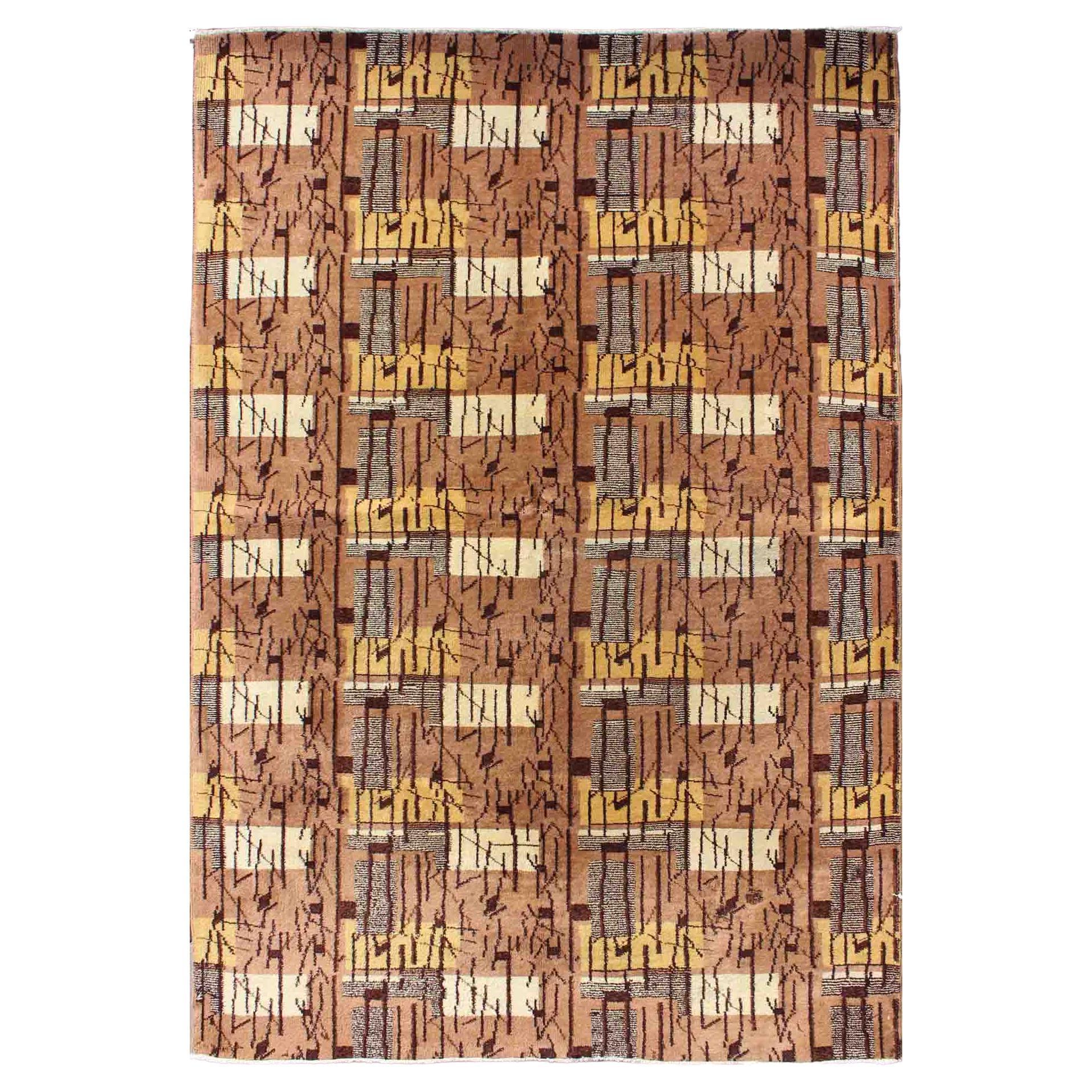 Mid-Century Modern Rug with Stripes and Blocks Design in Brown, Gray and Yellow