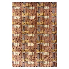 Retro Mid-Century Modern Rug with Stripes and Blocks Design in Brown, Gray and Yellow