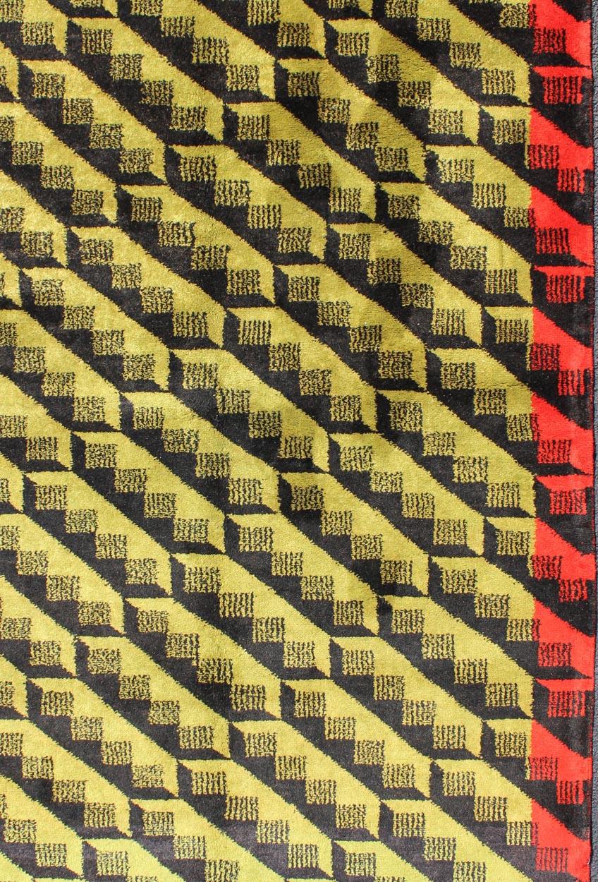 Alfombra Moderna de Mitad de Siglo con Vivo Diseño Contemporáneo en Verde, Rojo y Carbón Moderno de mediados de siglo en venta