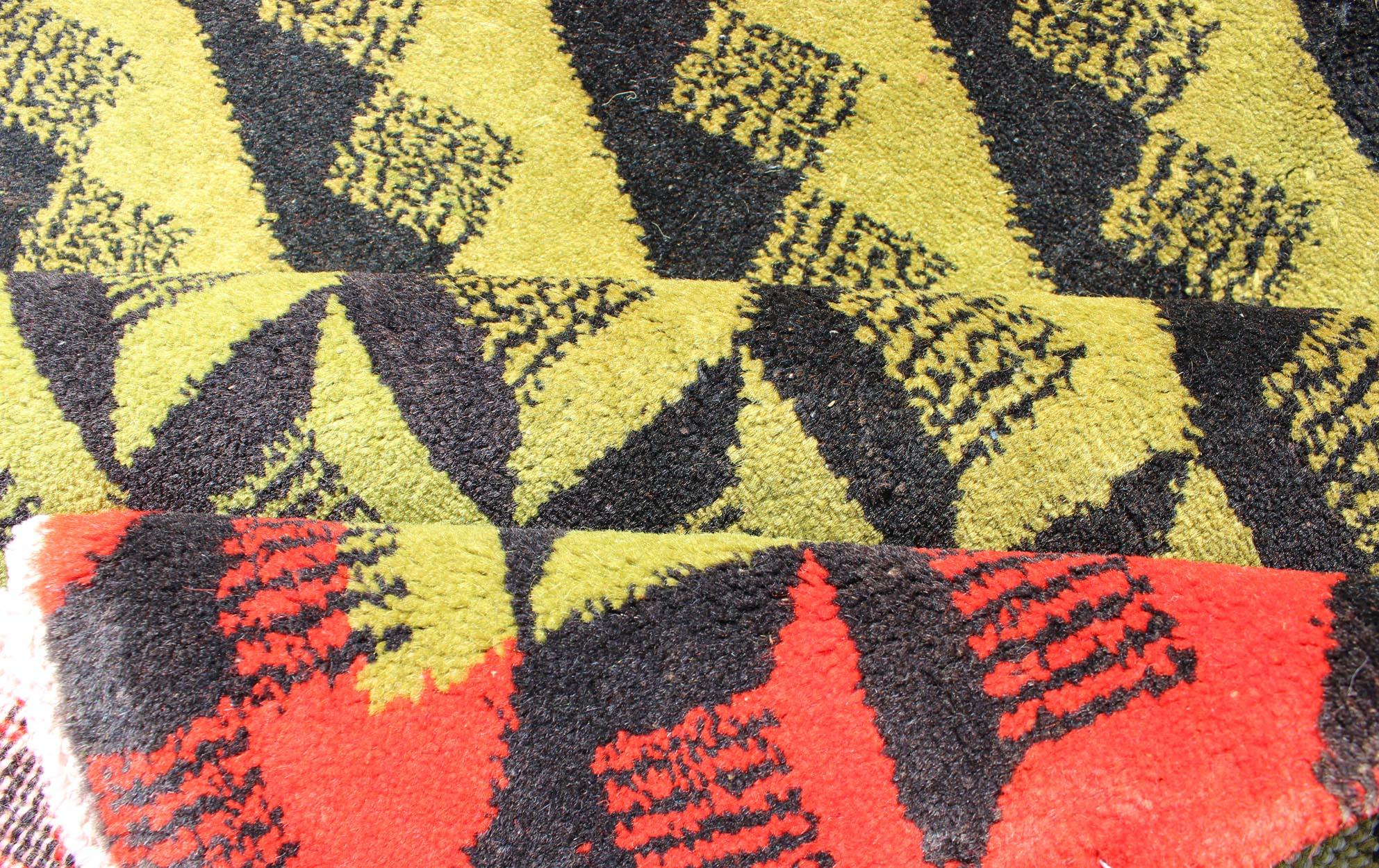 Turkish Mid-Century Modern Rug with Vivid Contemporary Pattern in Green, Red & Charcoal For Sale