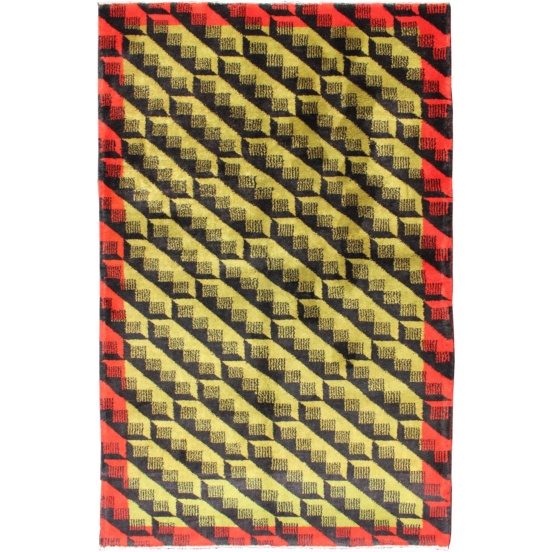 Mid-Century Modern Rug with Vivid Contemporary Pattern in Green, Red & Charcoal