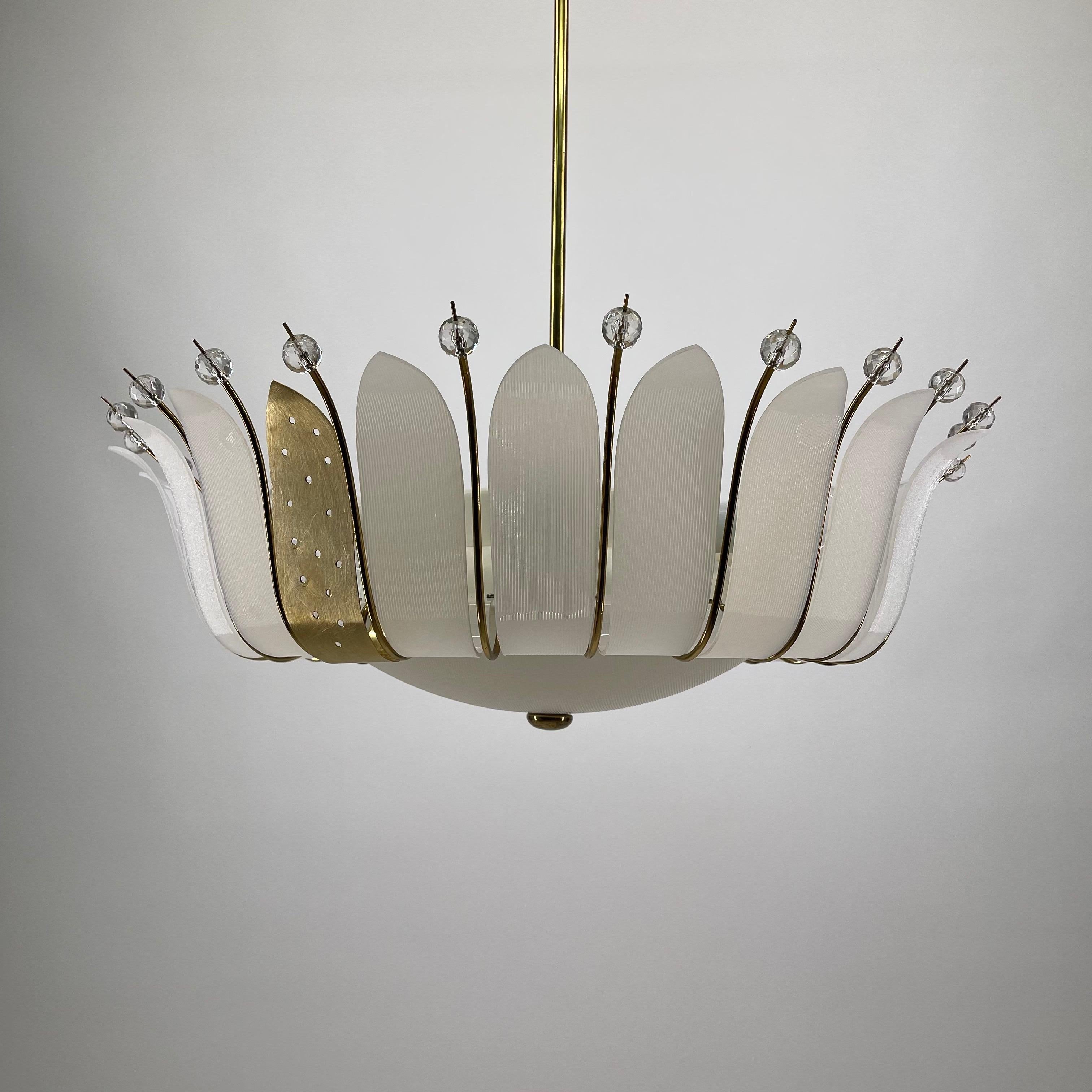 Mid Century Modern Rupert Nikoll large lucite brass chandelier, Austria 1950s.