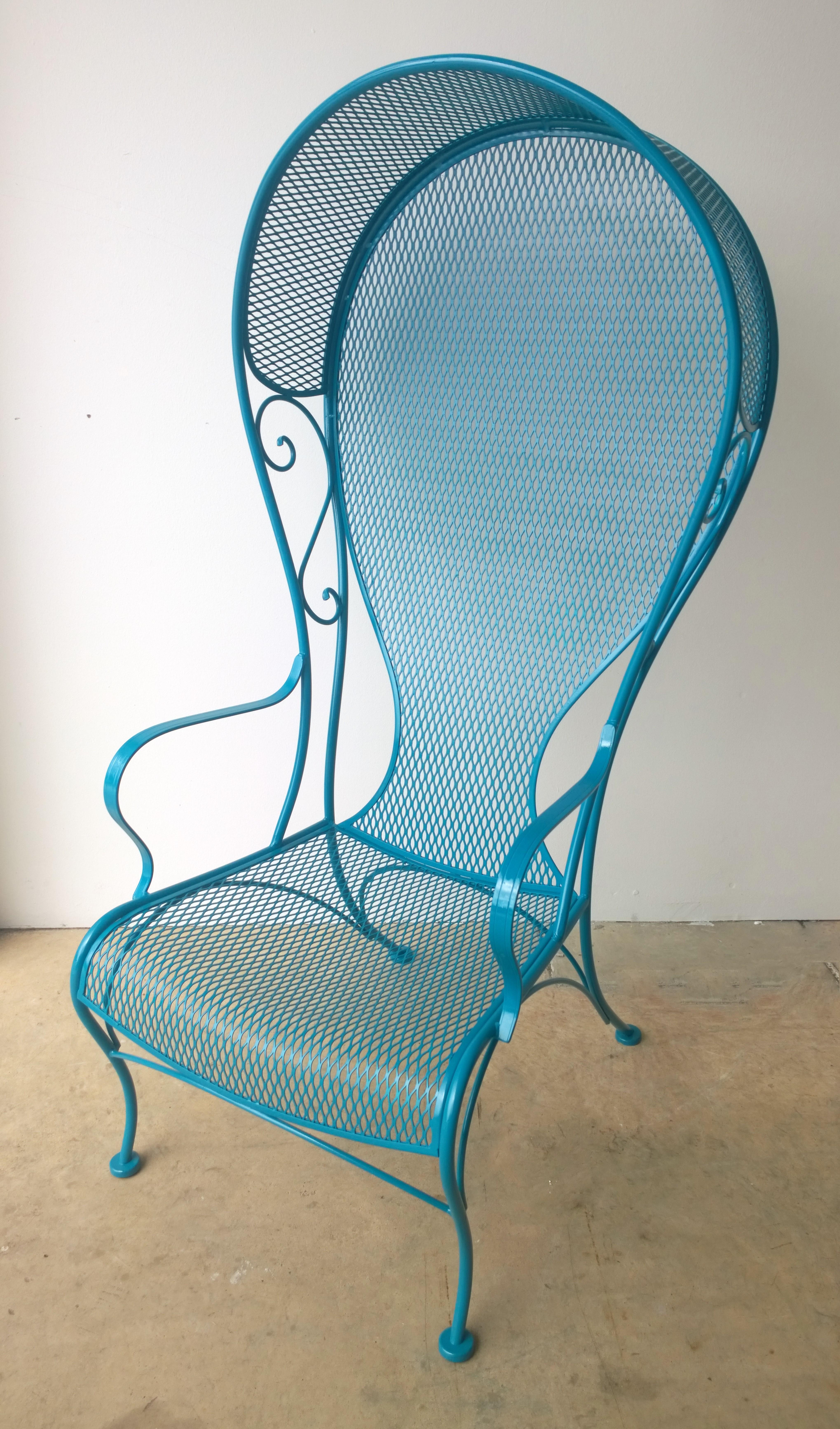Offered is a Mid-Century Modern Russell Woodard wrought iron canopy patio / garden armchair newly enameled in 
