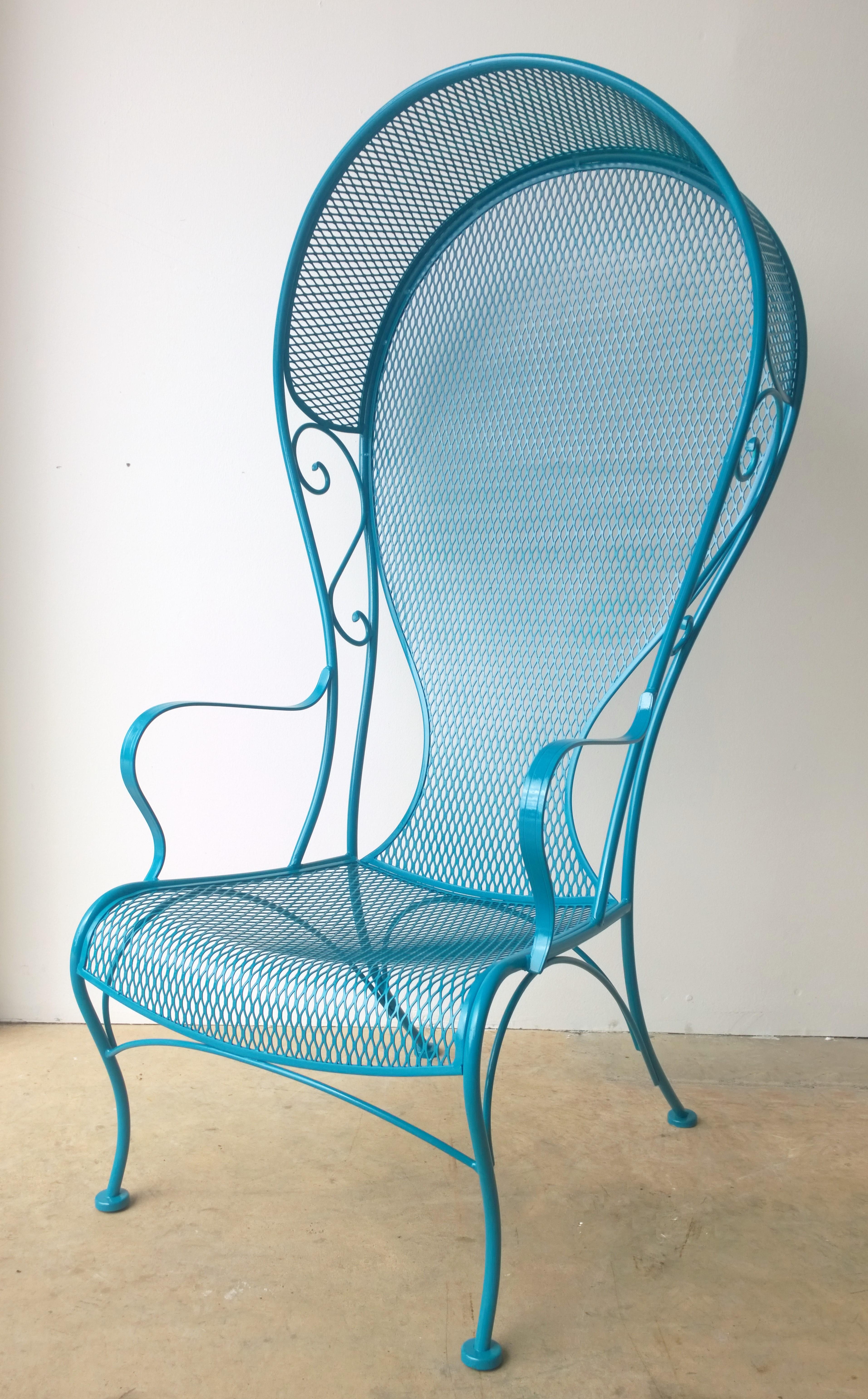 Mid-Century Modern R. Woodard Newly Enameled Lagoon Blue Wrought Iron Patio /Garden Canopy Armchair For Sale