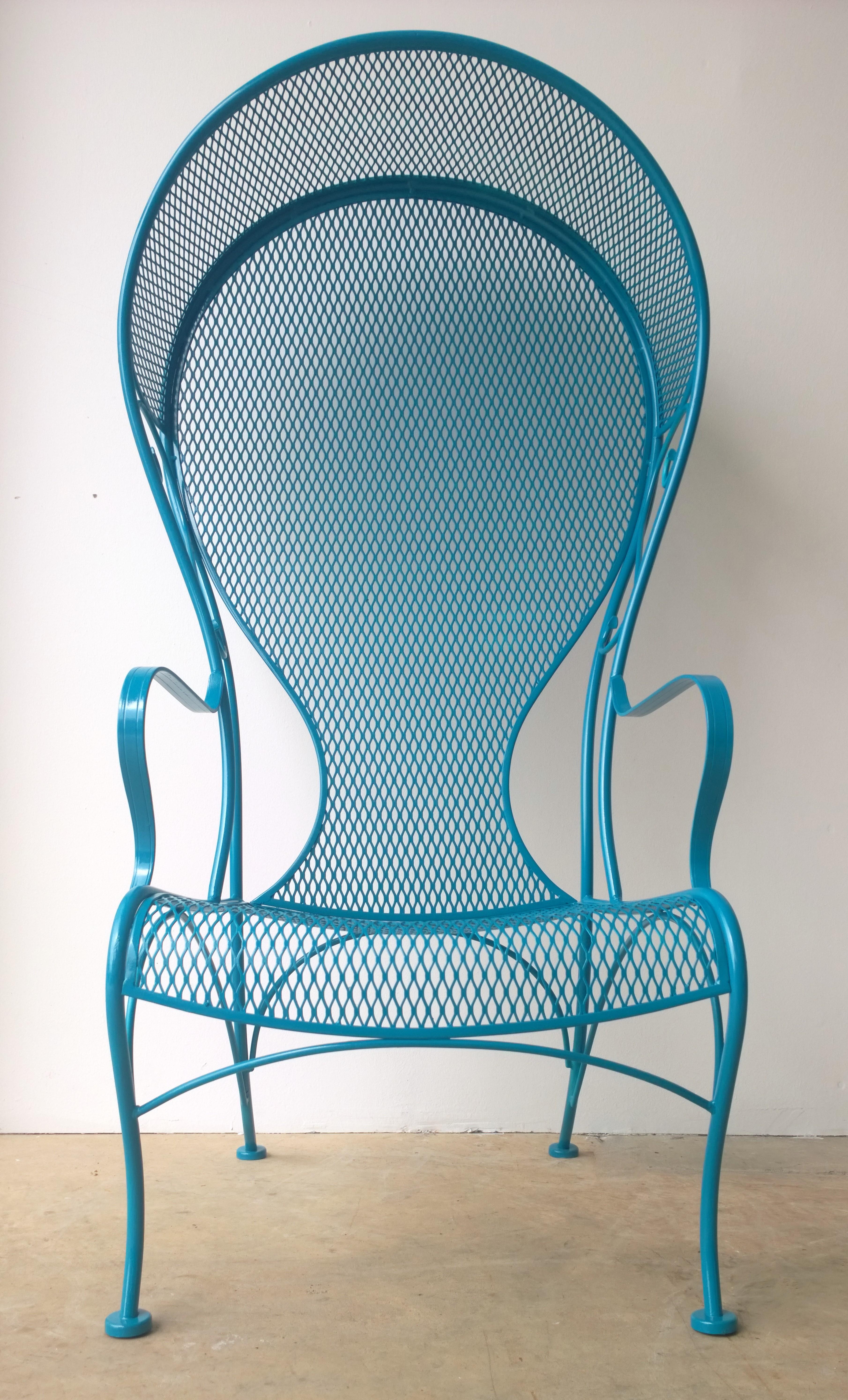 R. Woodard Newly Enameled Lagoon Blue Wrought Iron Patio /Garden Canopy Armchair In Good Condition For Sale In Houston, TX