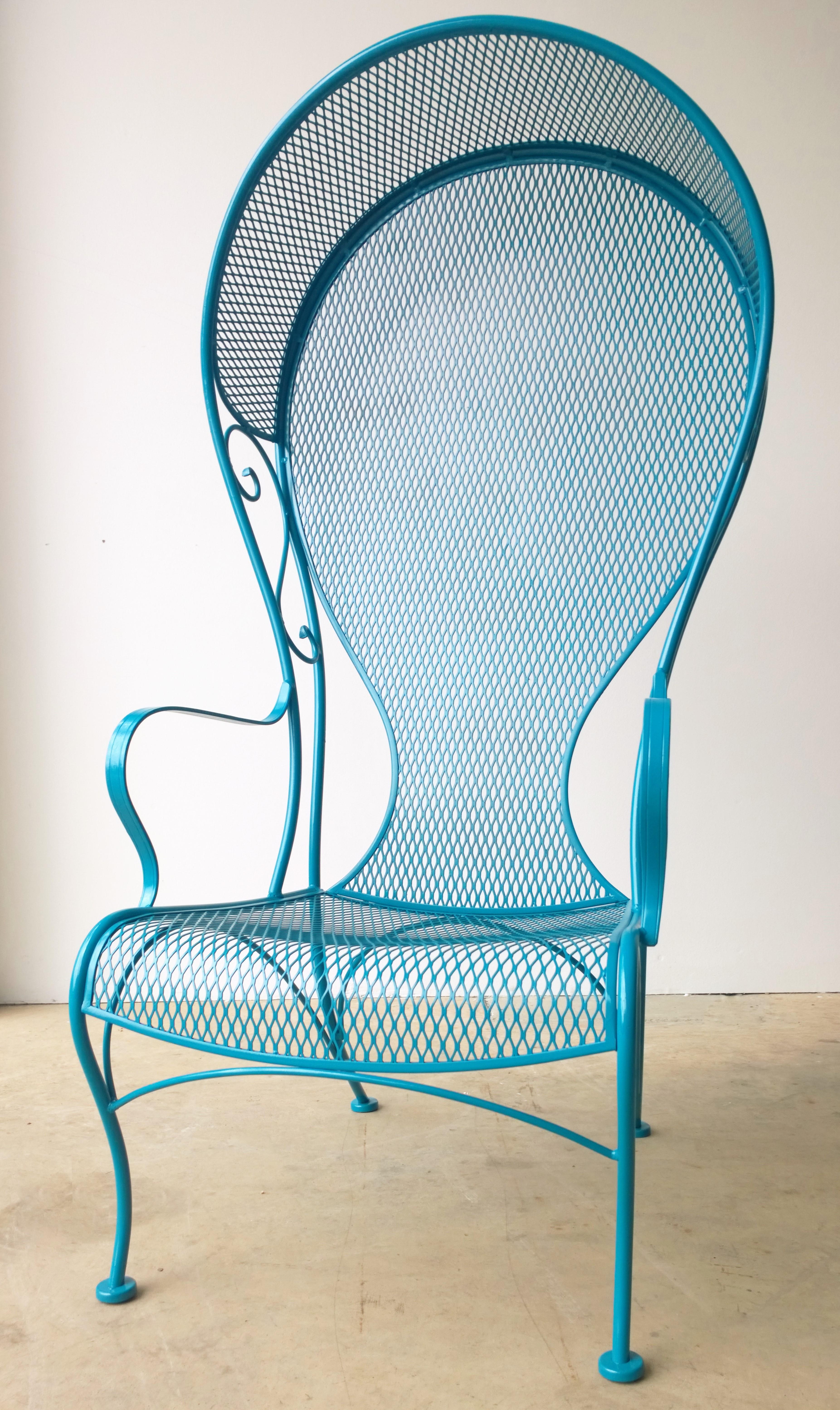 Offered is a Mid-Century Modern Russell Woodard wrought iron patio / garden canopy armchair newly enameled in 
