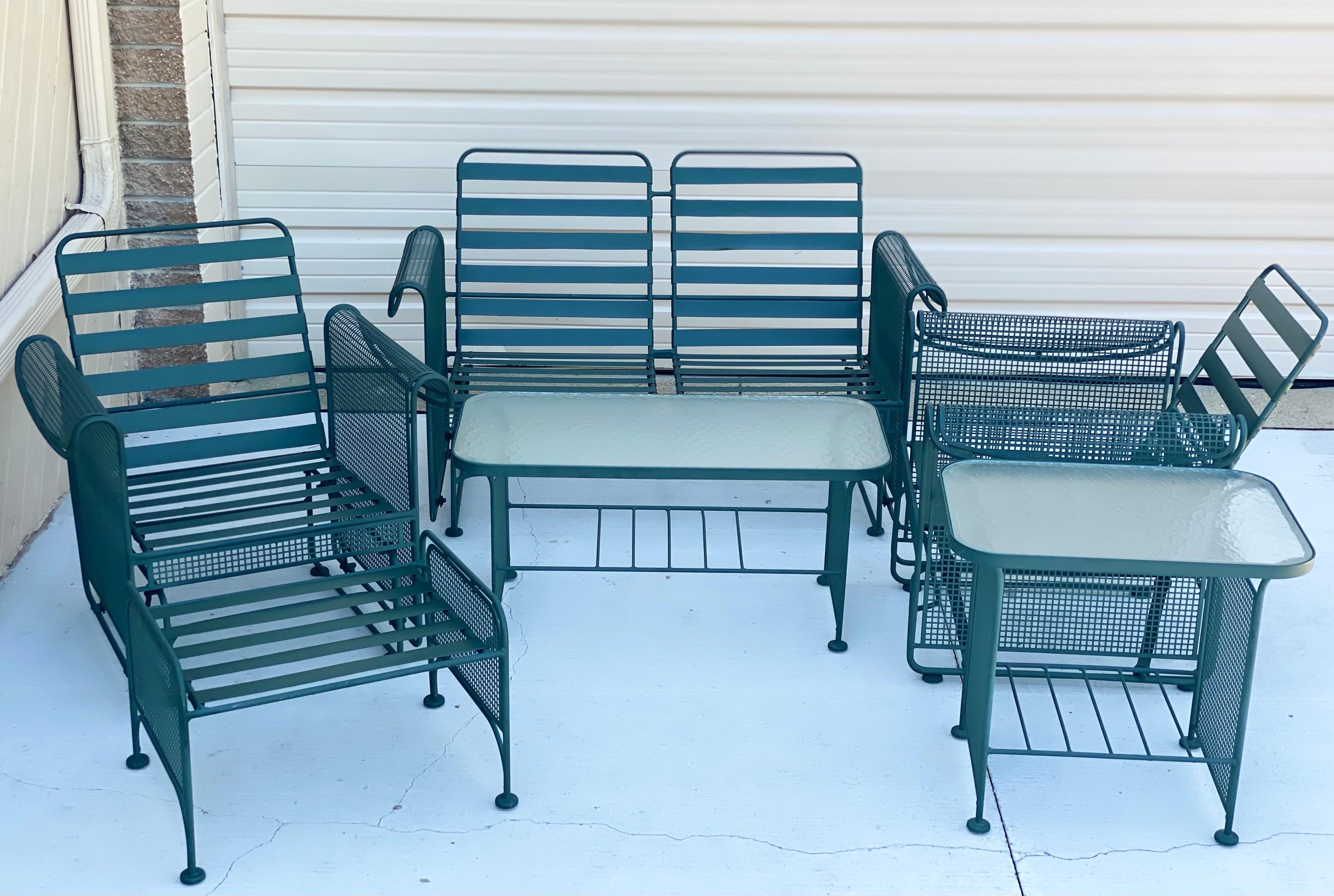 Mid-Century Modern Russell Woodard Outdoor Green Patio Glider Set, a Set of 6 7