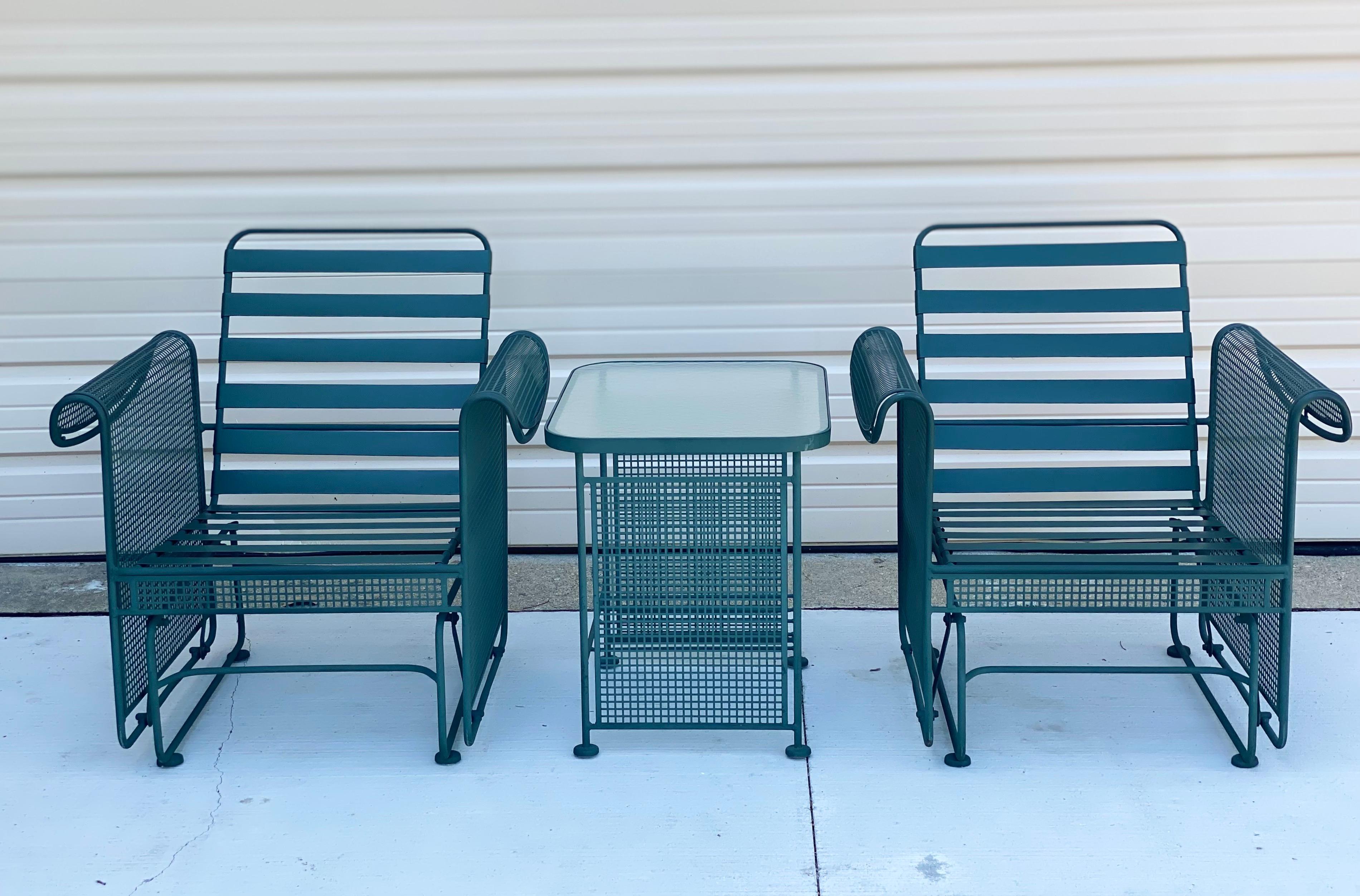 North American Mid-Century Modern Russell Woodard Outdoor Green Patio Glider Set, a Set of 6
