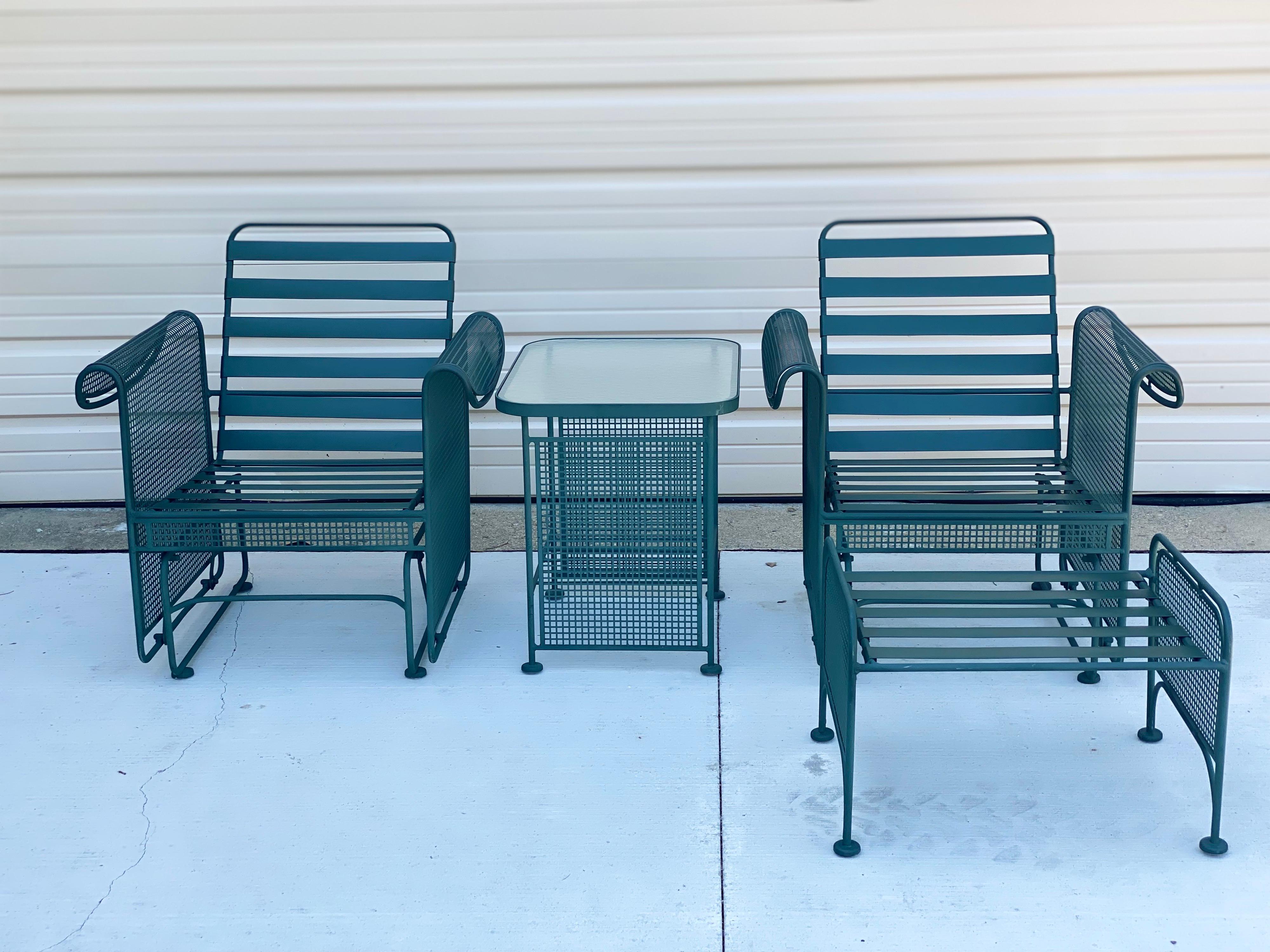 Metal Mid-Century Modern Russell Woodard Outdoor Green Patio Glider Set, a Set of 6
