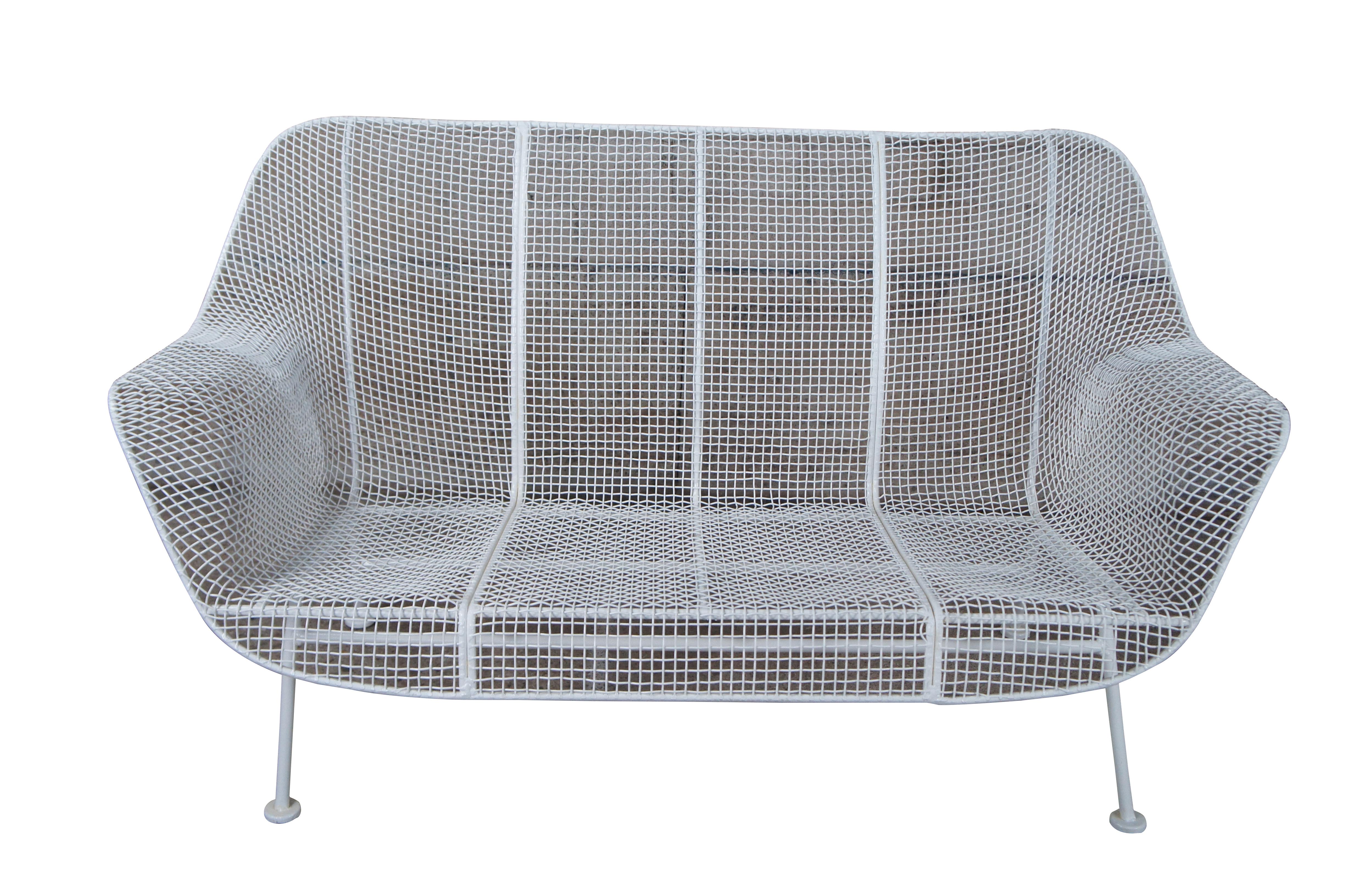 Mid century modern Russell Woodard Sculptura bench / settee / loveseat and rocker armchair.  Made of wrought iron and mesh featuring a sculptured ergonomic design.

Dimensions:
rocker 27
