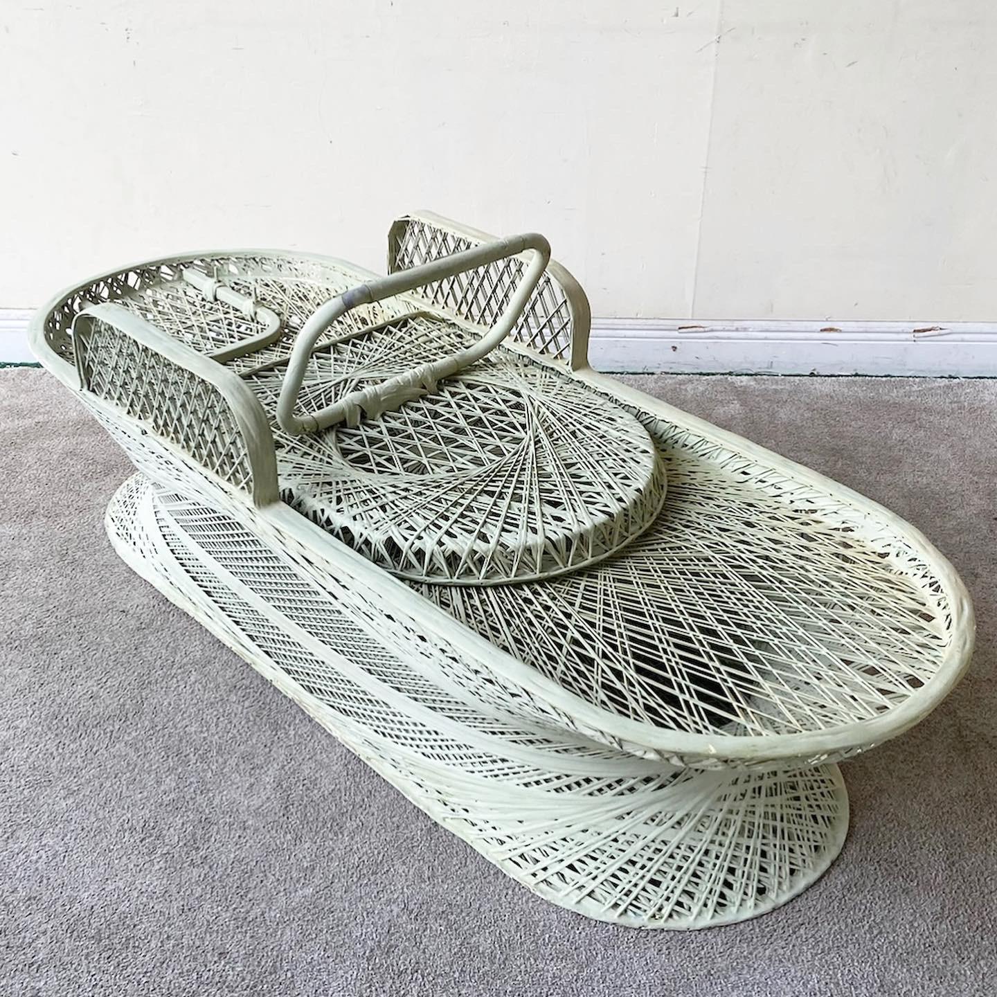 Incredible pair of Mid-Century Modern spun fiberglass chaise lounges by Russell Woodard. Each feature a fantastic woven design with a retractable back rest.
