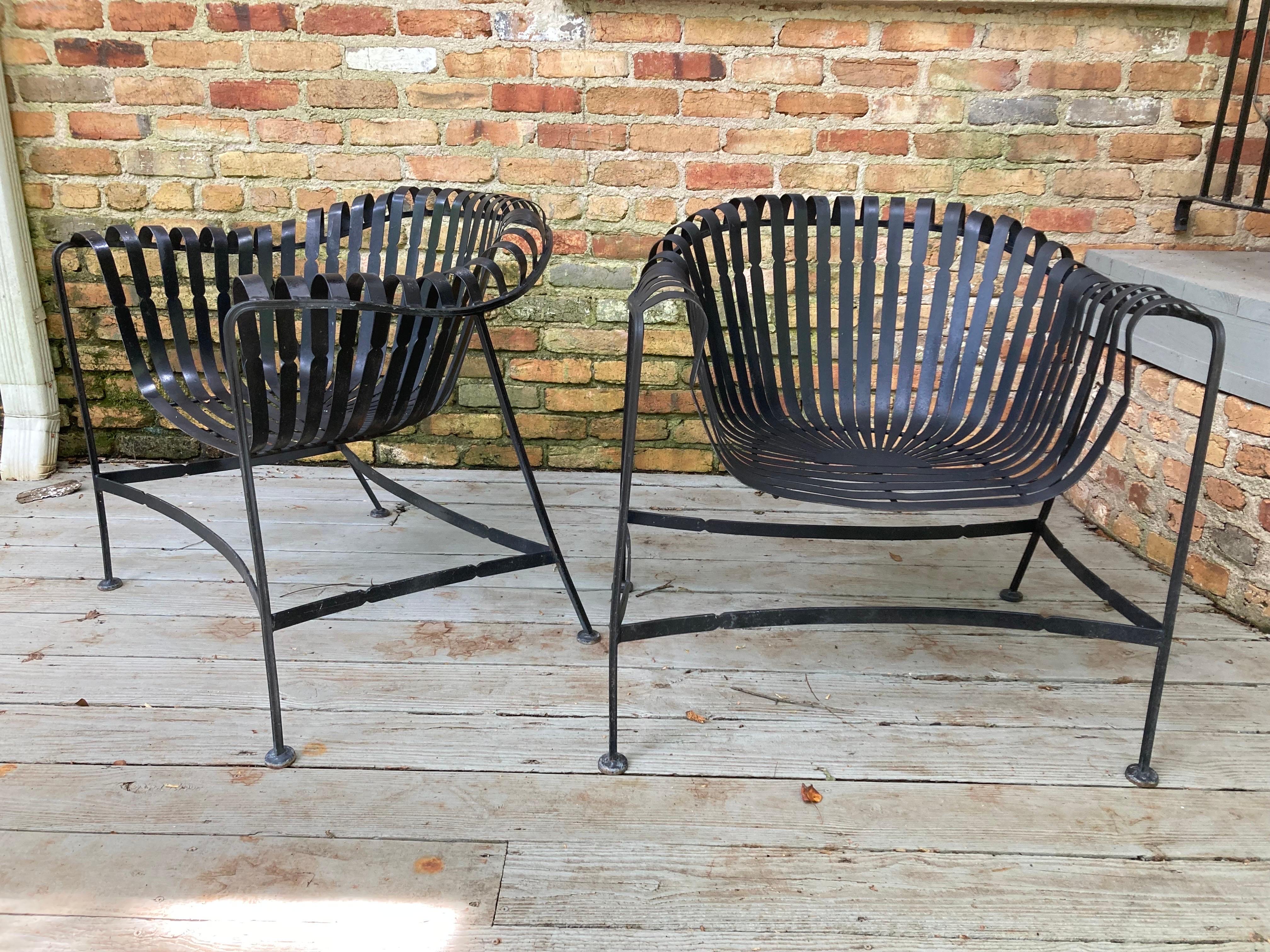 indoor or outdoor industrial chic duo, 28 wide and 28 tall, 24 deep, seat to floor 15.5. no makers mark, recently sanded and painted 
shipping from athens, ga 
sold as a pair
