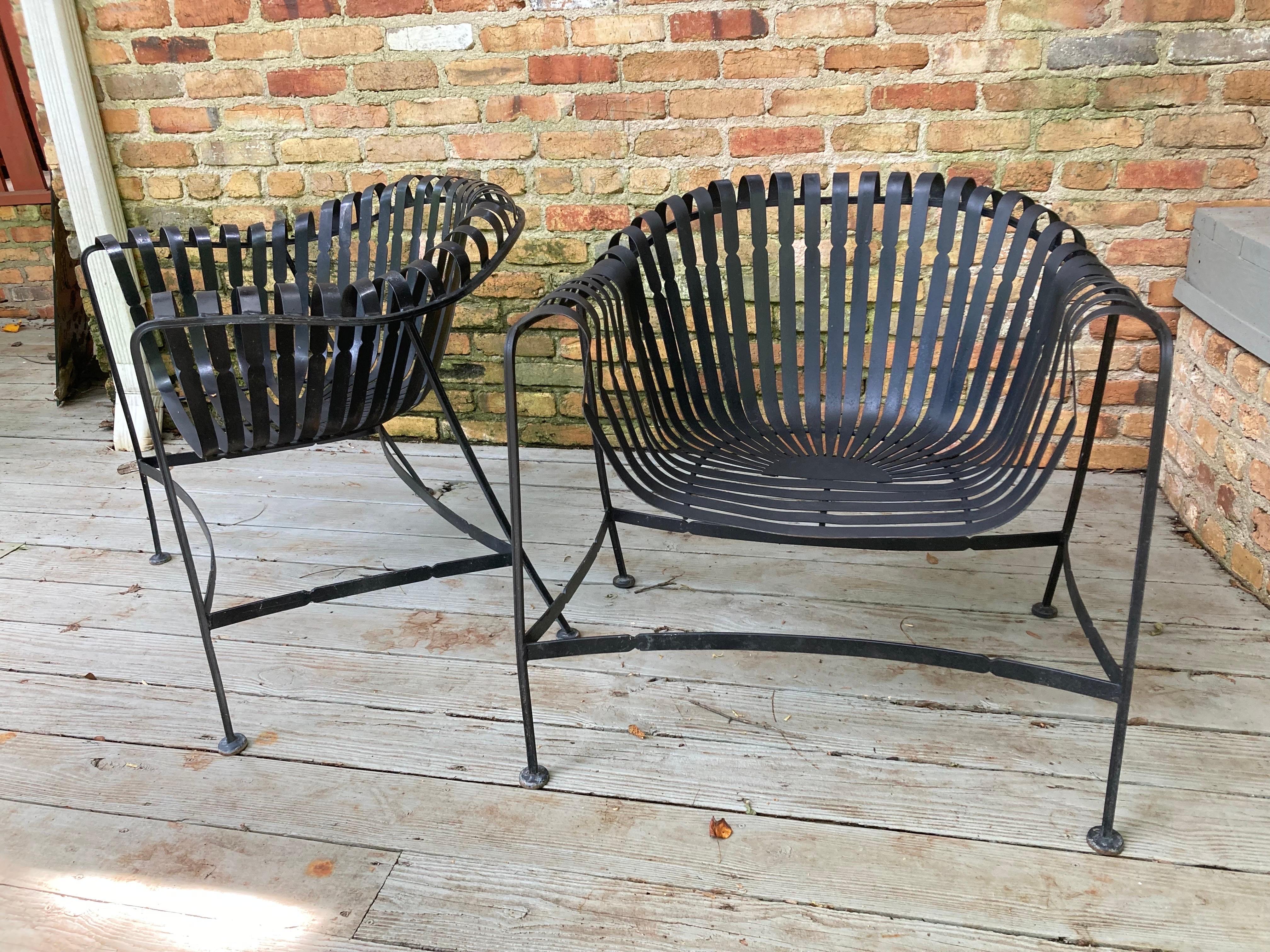 Iron mid century modern russell woodard strap iron loungers - a pair For Sale