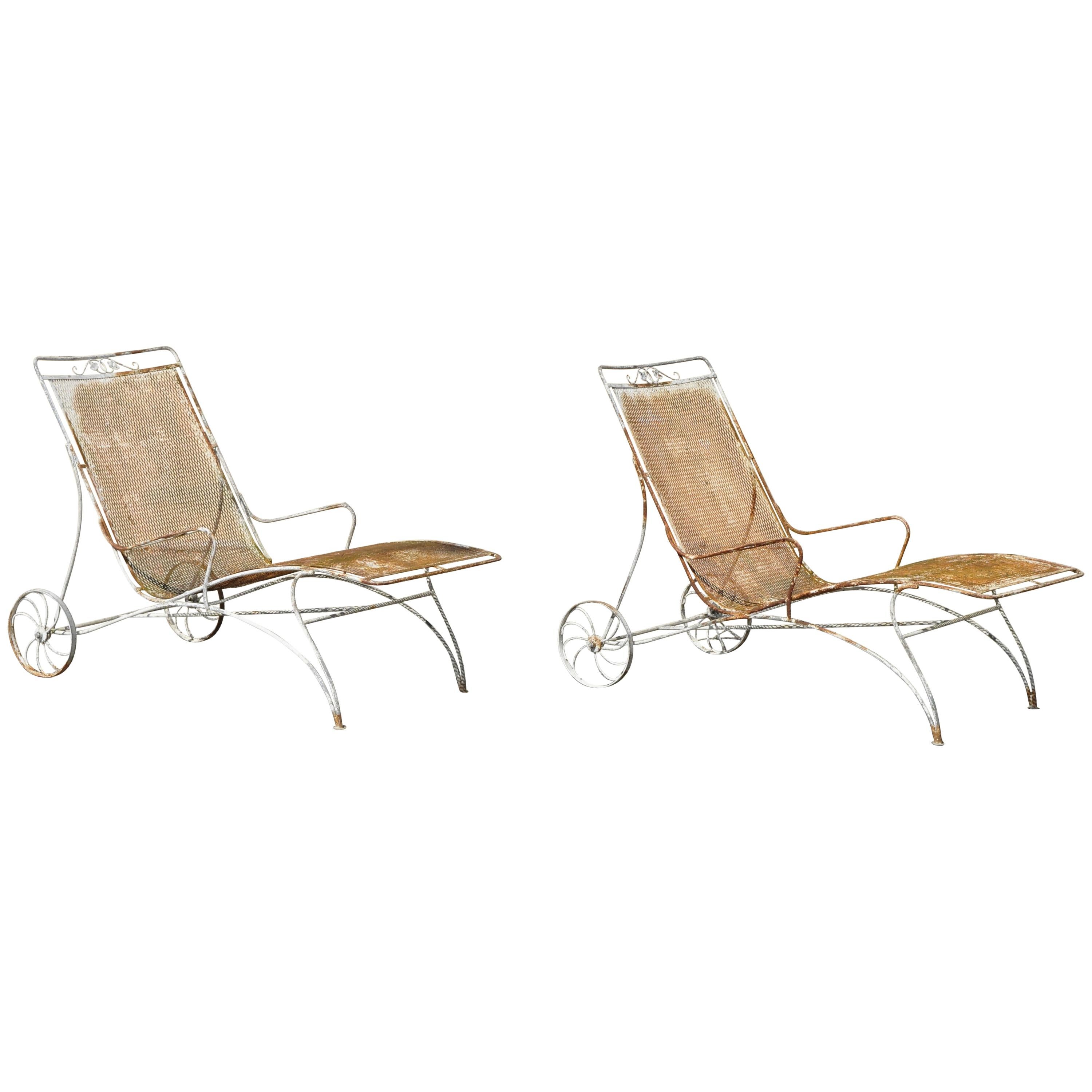 Mid-Century Modern Russell Woodard Wrought Iron Patio Chaise Lounge Chair, Pair
