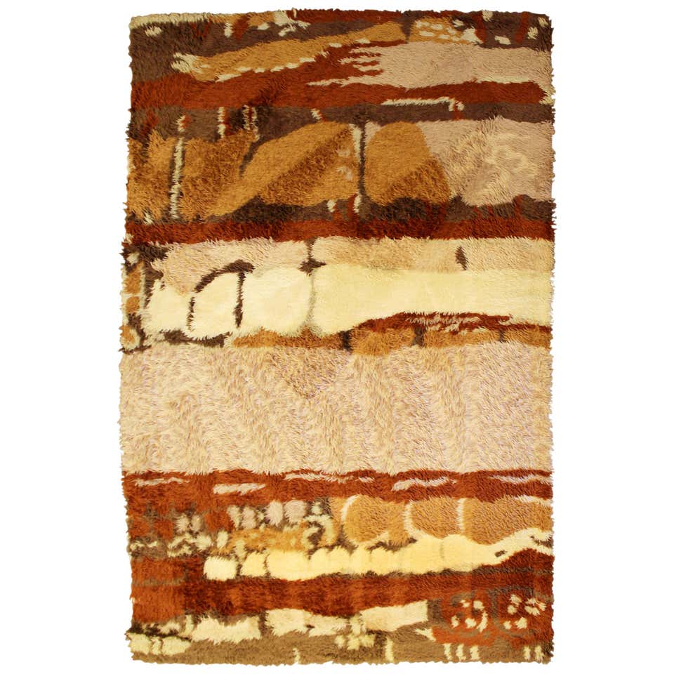 Mid-Century Modern Rust Brown Cream Rectangular Danish Rya Shag Area ...