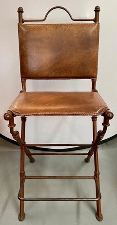 Mid-Century Modern Rustic Leather and Wrought Iron Bar/Counter Stool, Set of 3