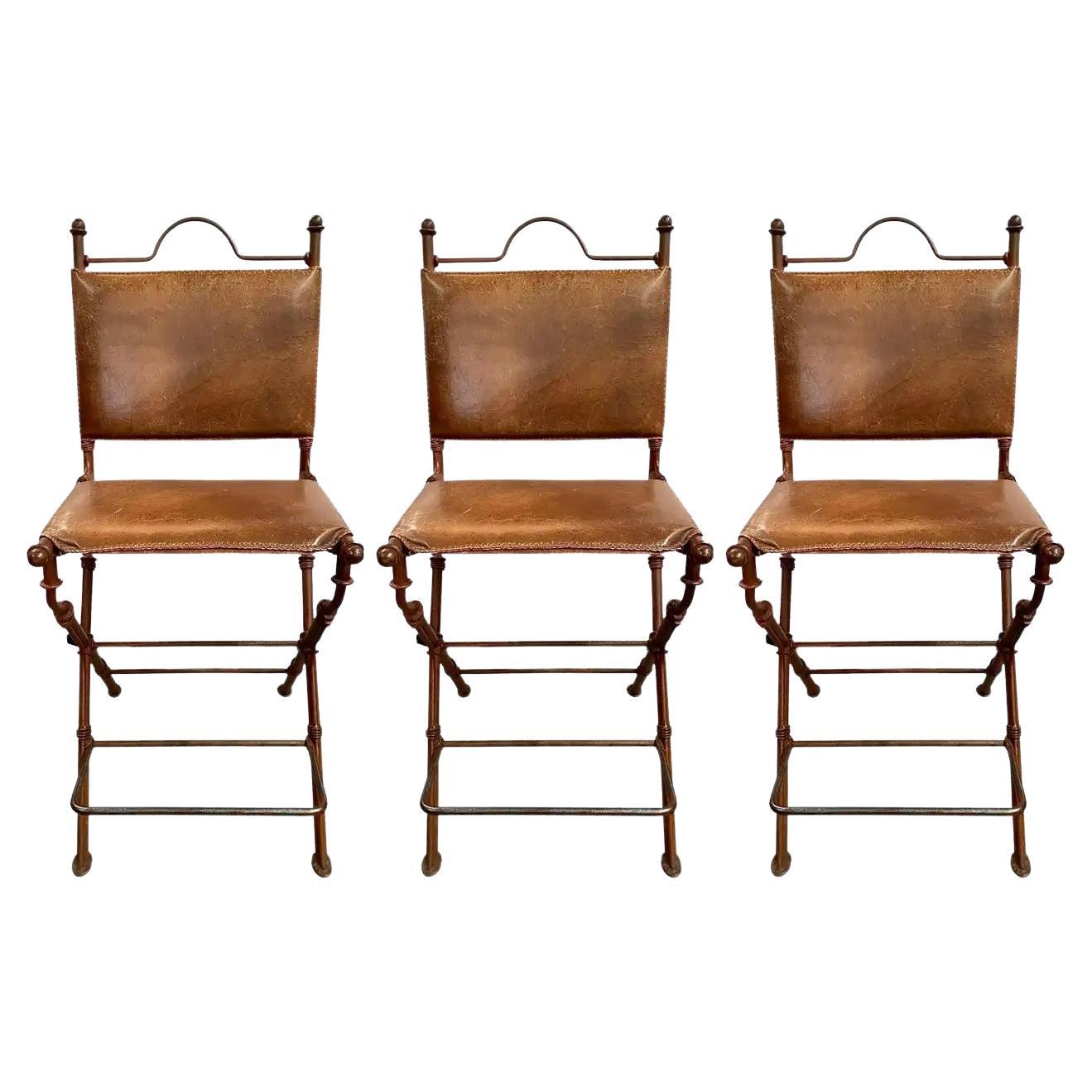 Mid-Century Modern Rustic Leather and Wrought Iron Bar/Counter Stool, Set of 3