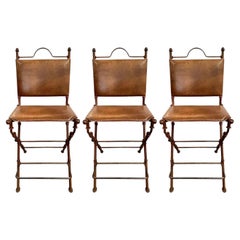 Mid-Century Modern Rustic Leather and Wrought Iron Bar/Counter Stool, Set of 3
