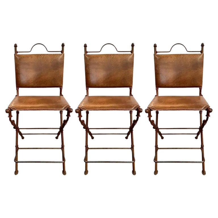 MidCentury Modern Rustic Leather and Wrought Iron Bar/Counter Stool, Set of 3 For Sale at 1stDibs