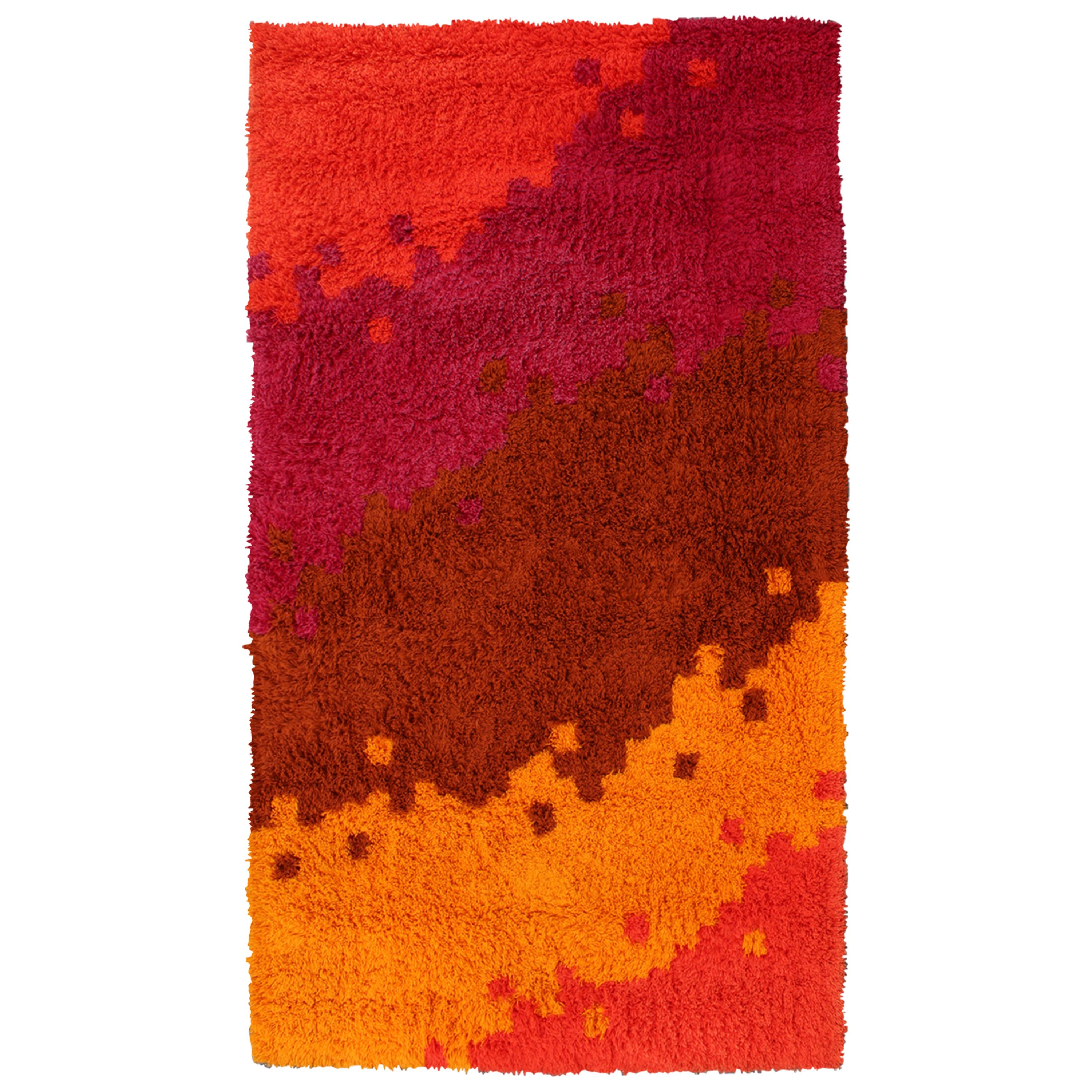 Mid-Century Modern Rya Style Danish Red Orange Rectangular Shag Area Rug, 1970s
