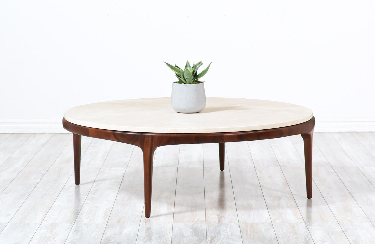 American Mid-Century Modern “Rythm” Coffee Table with Crema Marfil Stone Top by Lane