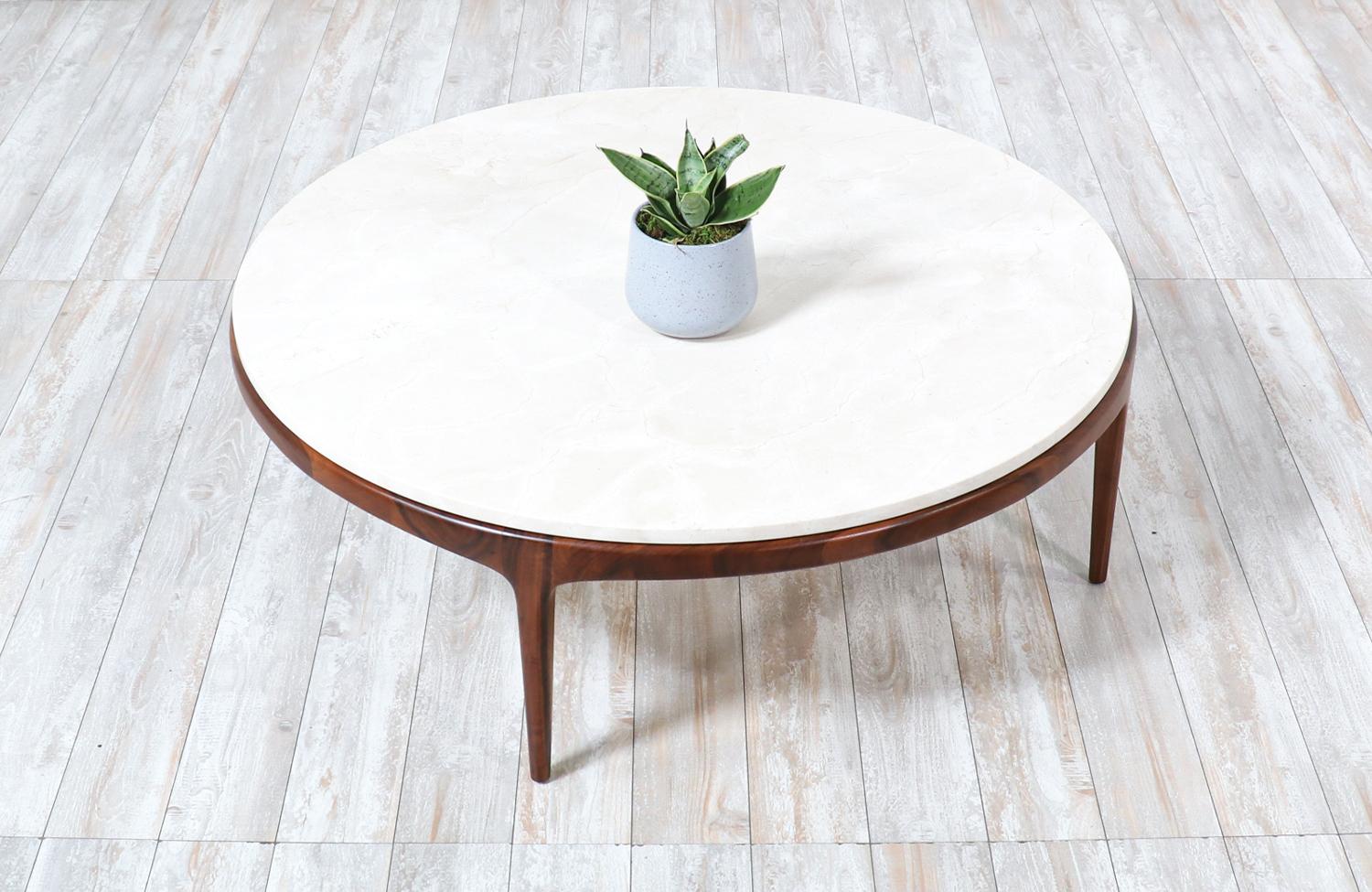 Mid-Century Modern “Rythm” Coffee Table with Crema Marfil Stone Top by Lane In Excellent Condition In Los Angeles, CA