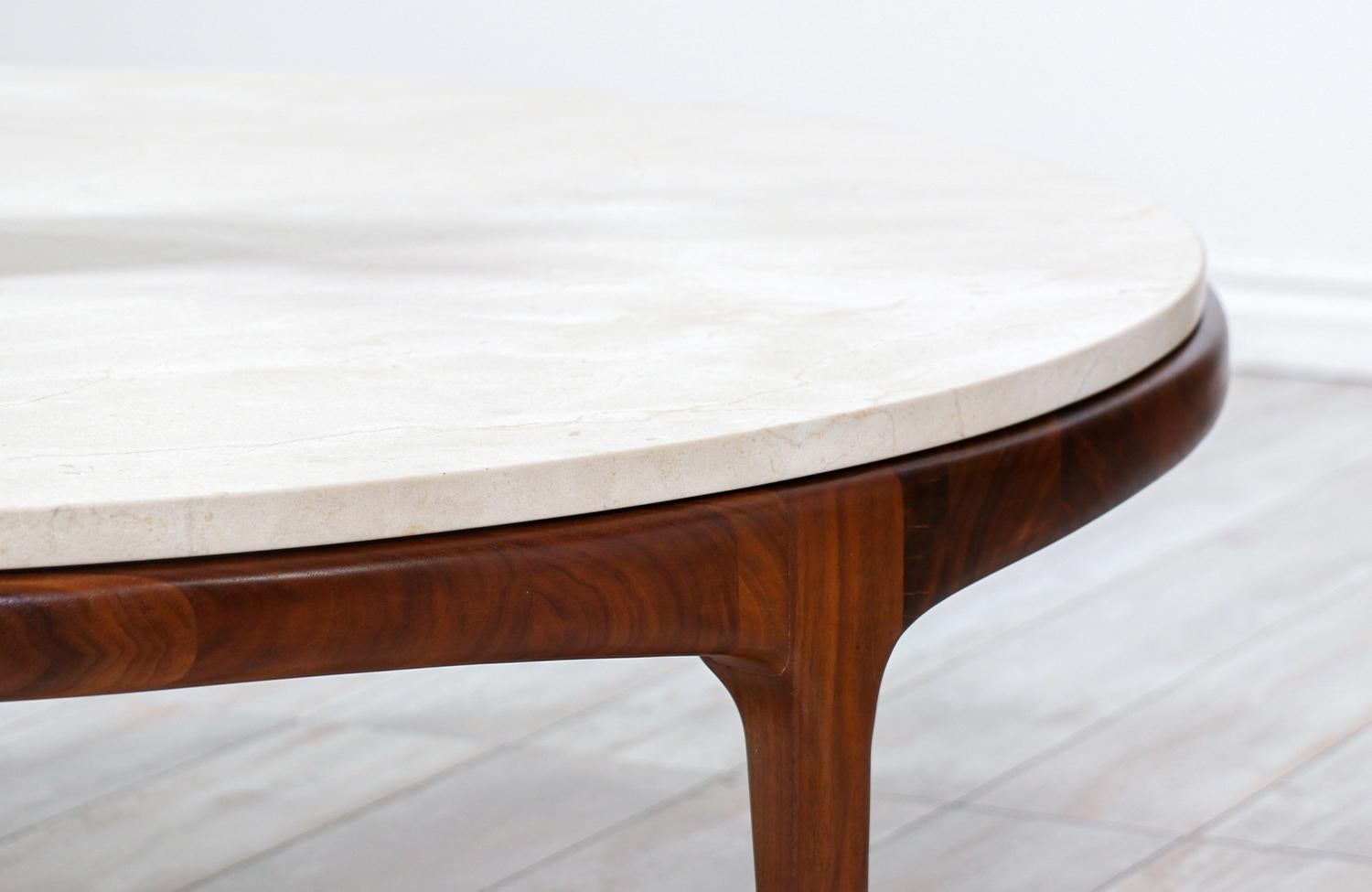 Travertine Mid-Century Modern “Rythm” Coffee Table with Crema Marfil Stone Top by Lane