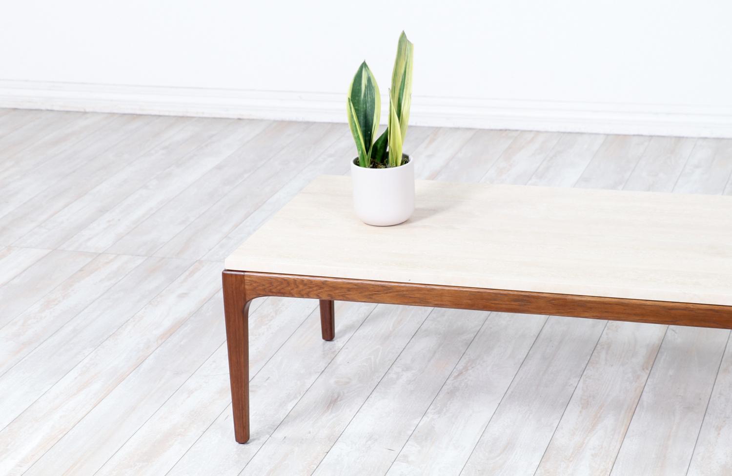 Mid-Century Modern “Rythm” Walnut Coffee Table with Travertine Stone by Lane 1