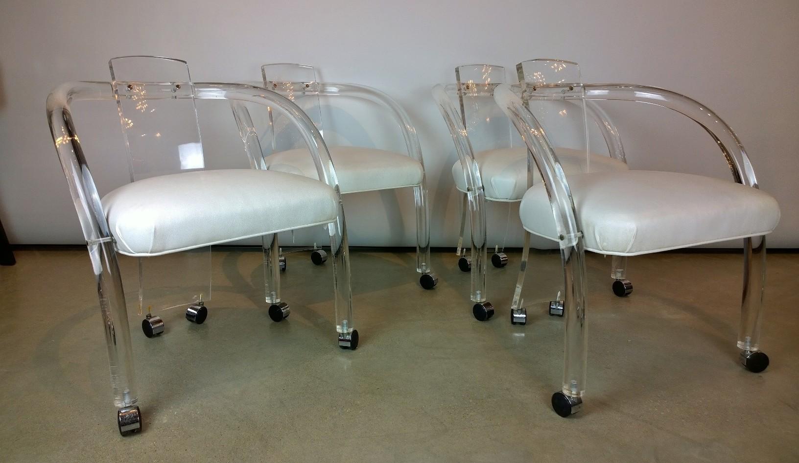 Mid-Century Modern S/ 4 Charles Hollis Jones Style Lucite w/ White Leatherette Armchairs on Casters