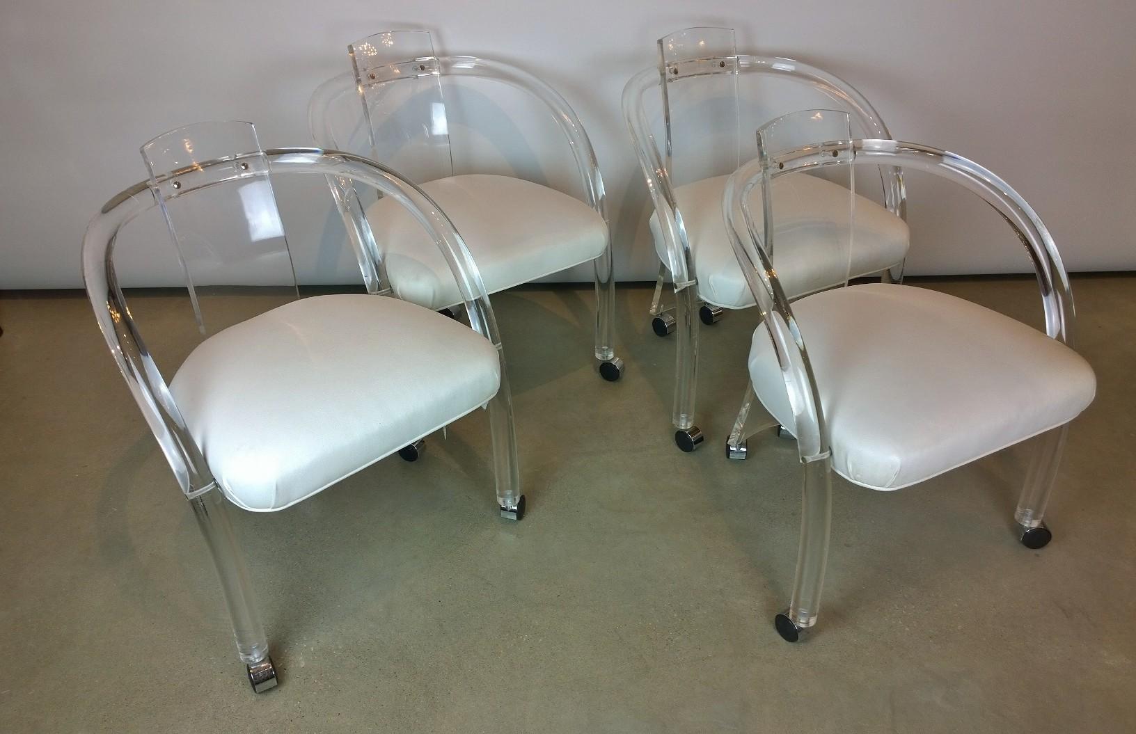 American S/ 4 Charles Hollis Jones Style Lucite w/ White Leatherette Armchairs on Casters