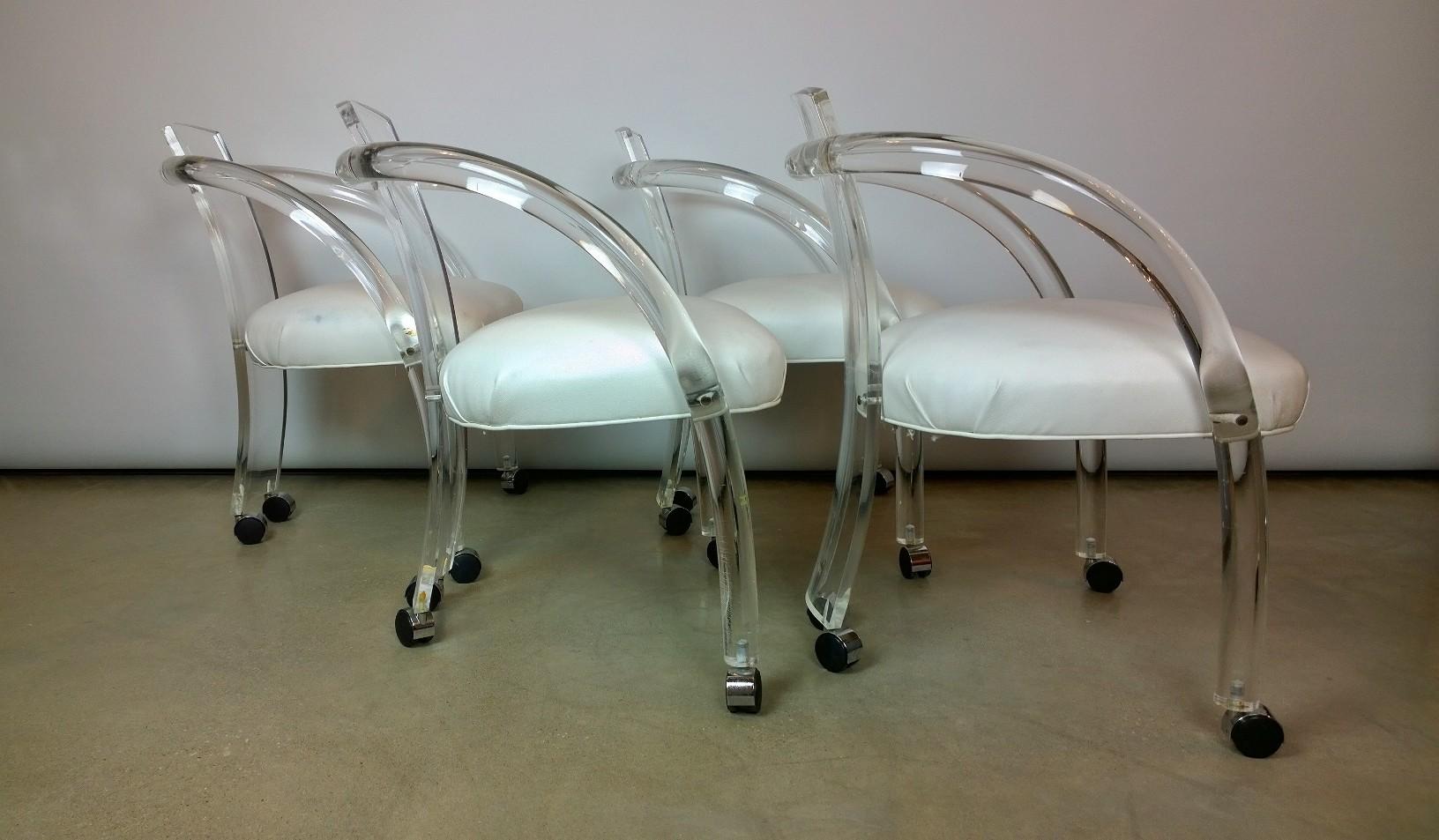 S/ 4 Charles Hollis Jones Style Lucite w/ White Leatherette Armchairs on Casters In Good Condition In Houston, TX