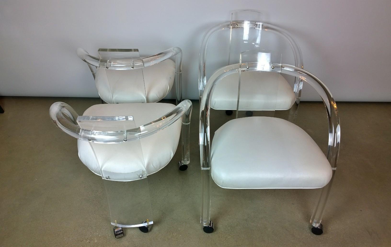 20th Century S/ 4 Charles Hollis Jones Style Lucite w/ White Leatherette Armchairs on Casters