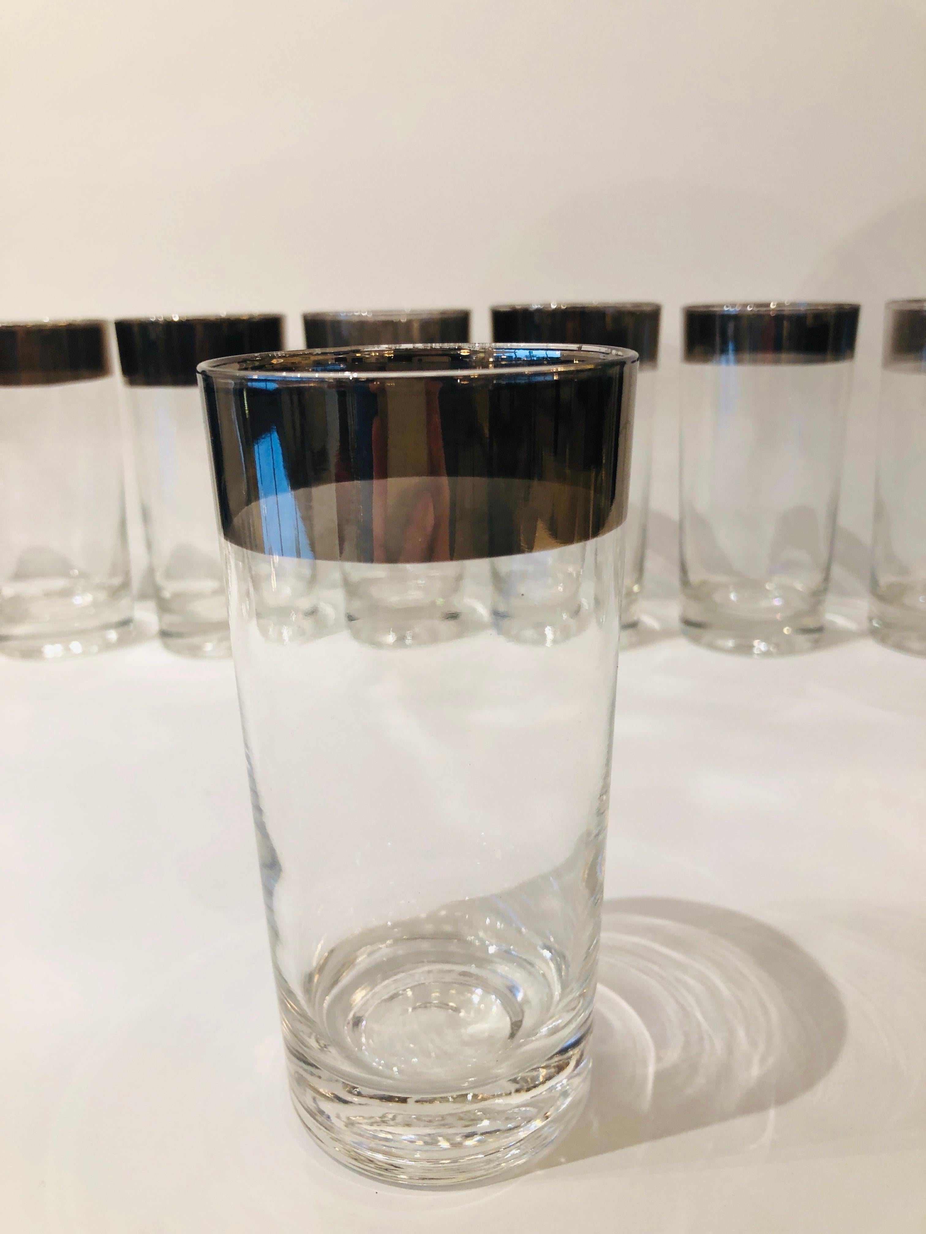 Mid-Century Modern S/8 Dorothy Thorpe Clear with Silver Overlay Band High Ball Cocktail Glasses For Sale