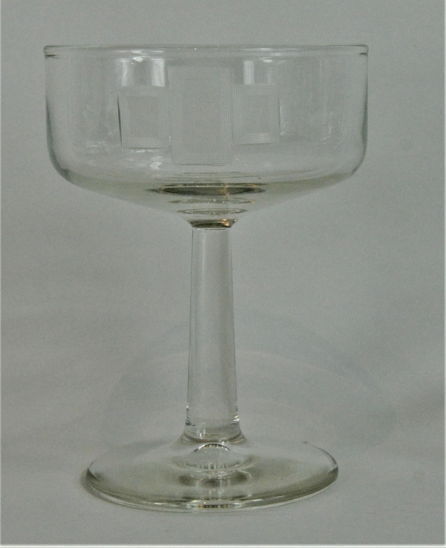 S/8 Handmade Frosted Etched Deco Style Accent Over Clear Glass Champagne Coupes For Sale 3