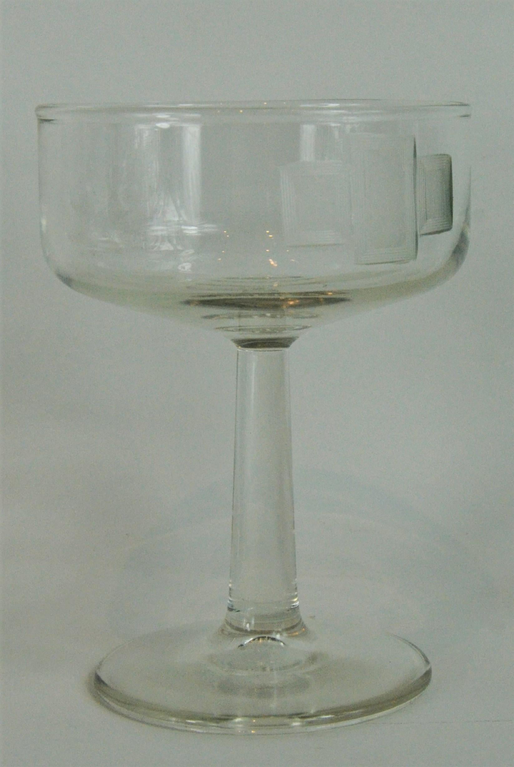 S/8 Handmade Frosted Etched Deco Style Accent Over Clear Glass Champagne Coupes For Sale 5