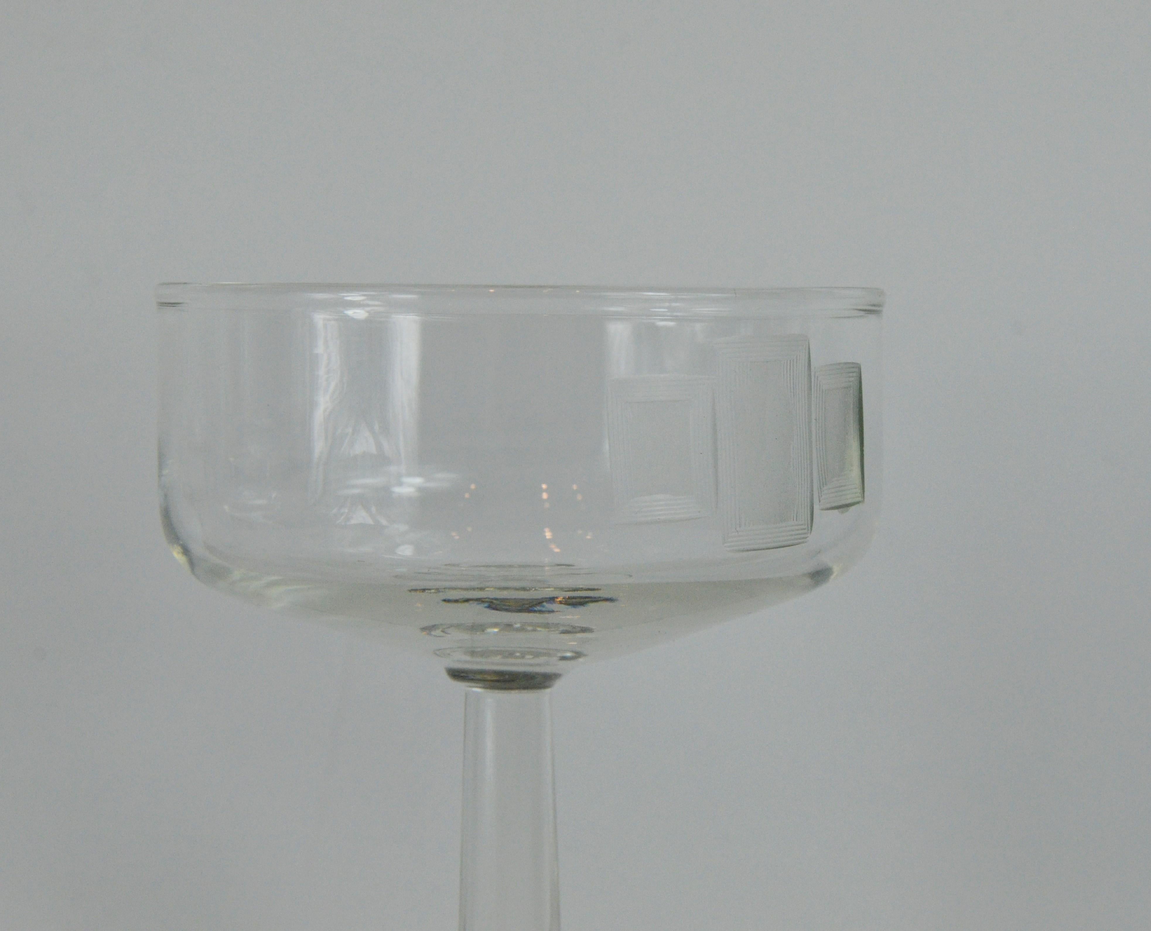 S/8 Handmade Frosted Etched Deco Style Accent Over Clear Glass Champagne Coupes For Sale 6