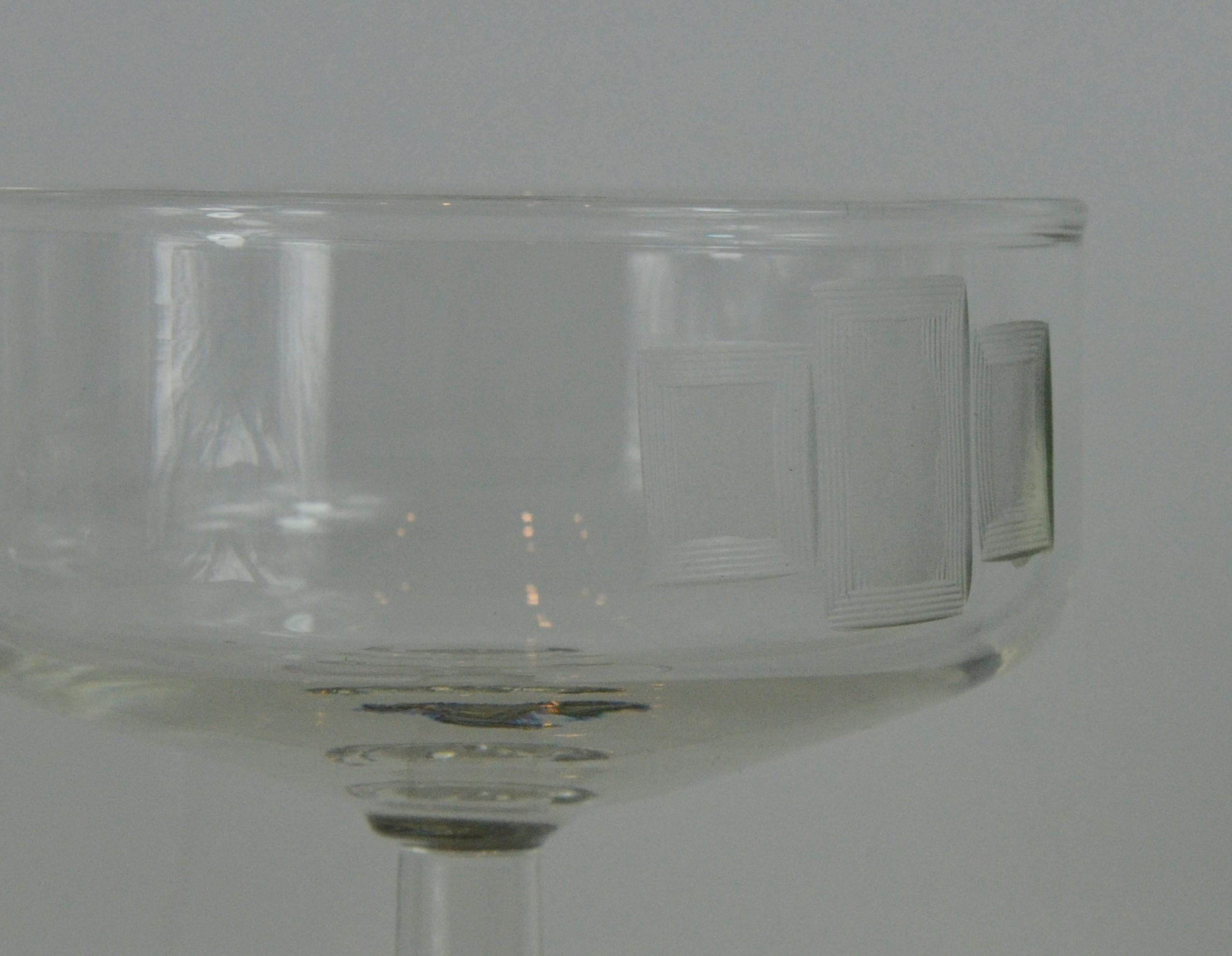 S/8 Handmade Frosted Etched Deco Style Accent Over Clear Glass Champagne Coupes For Sale 7