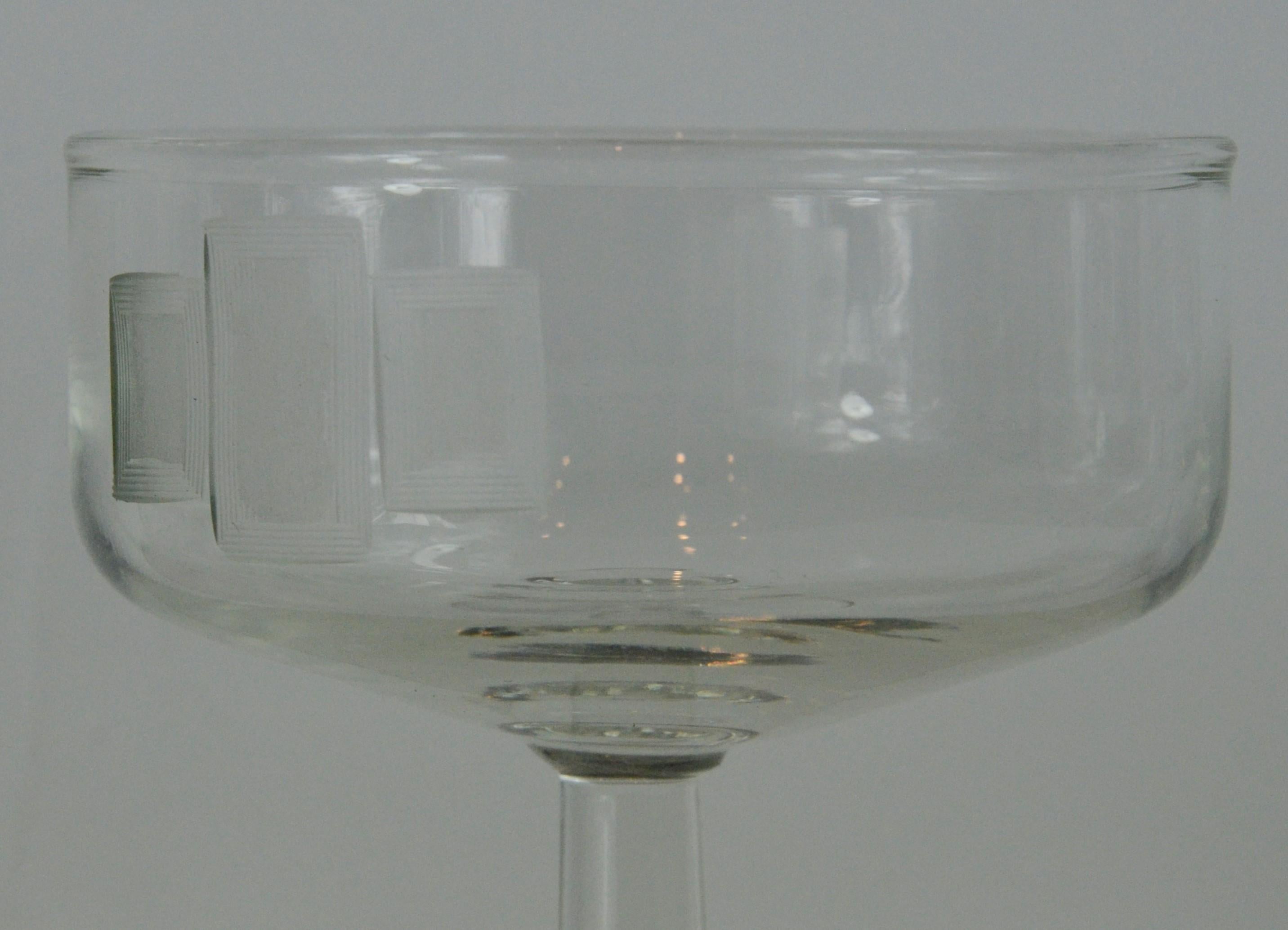 S/8 Handmade Frosted Etched Deco Style Accent Over Clear Glass Champagne Coupes For Sale 8