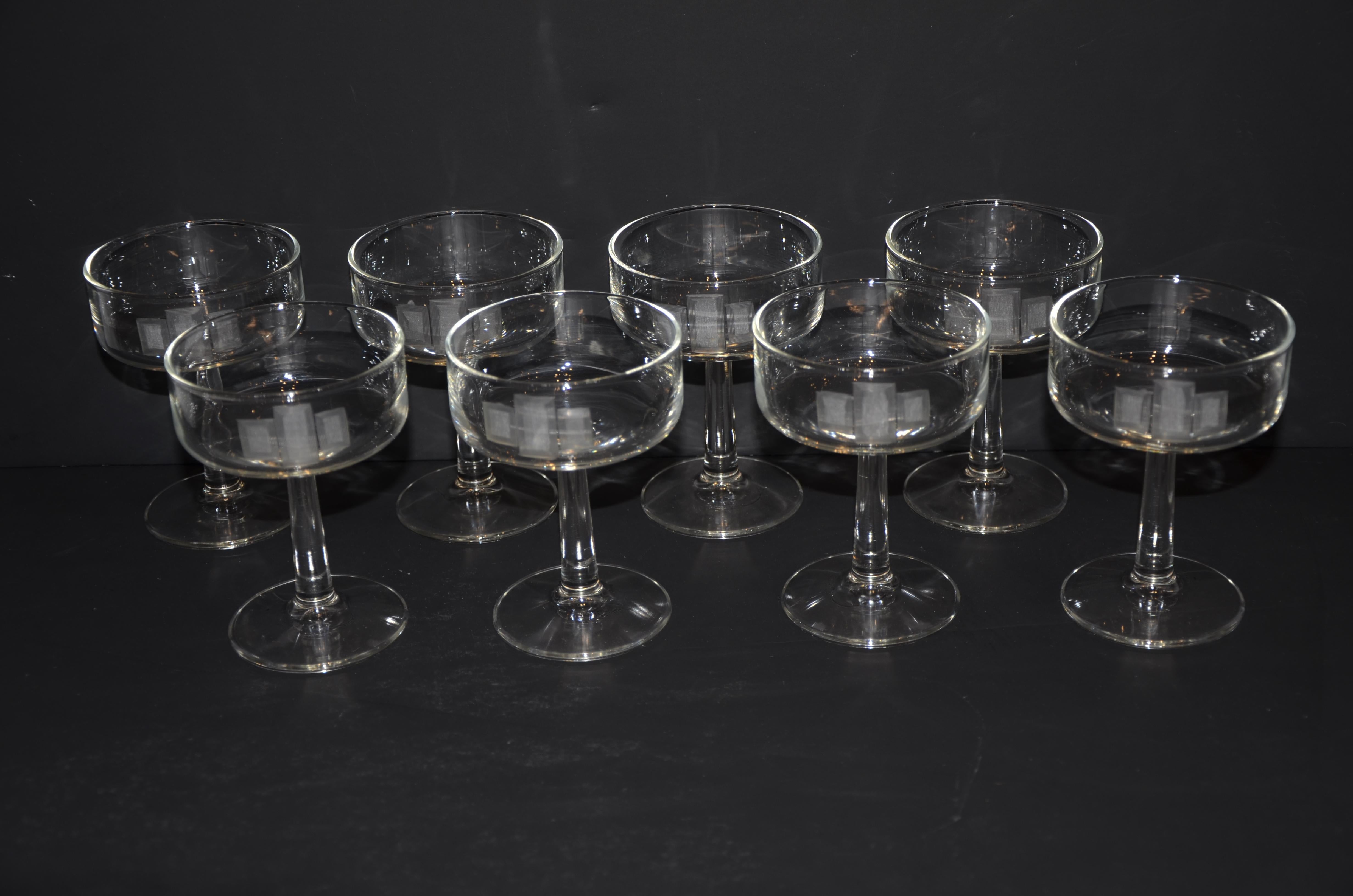 Irish S/8 Handmade Frosted Etched Deco Style Accent Over Clear Glass Champagne Coupes For Sale