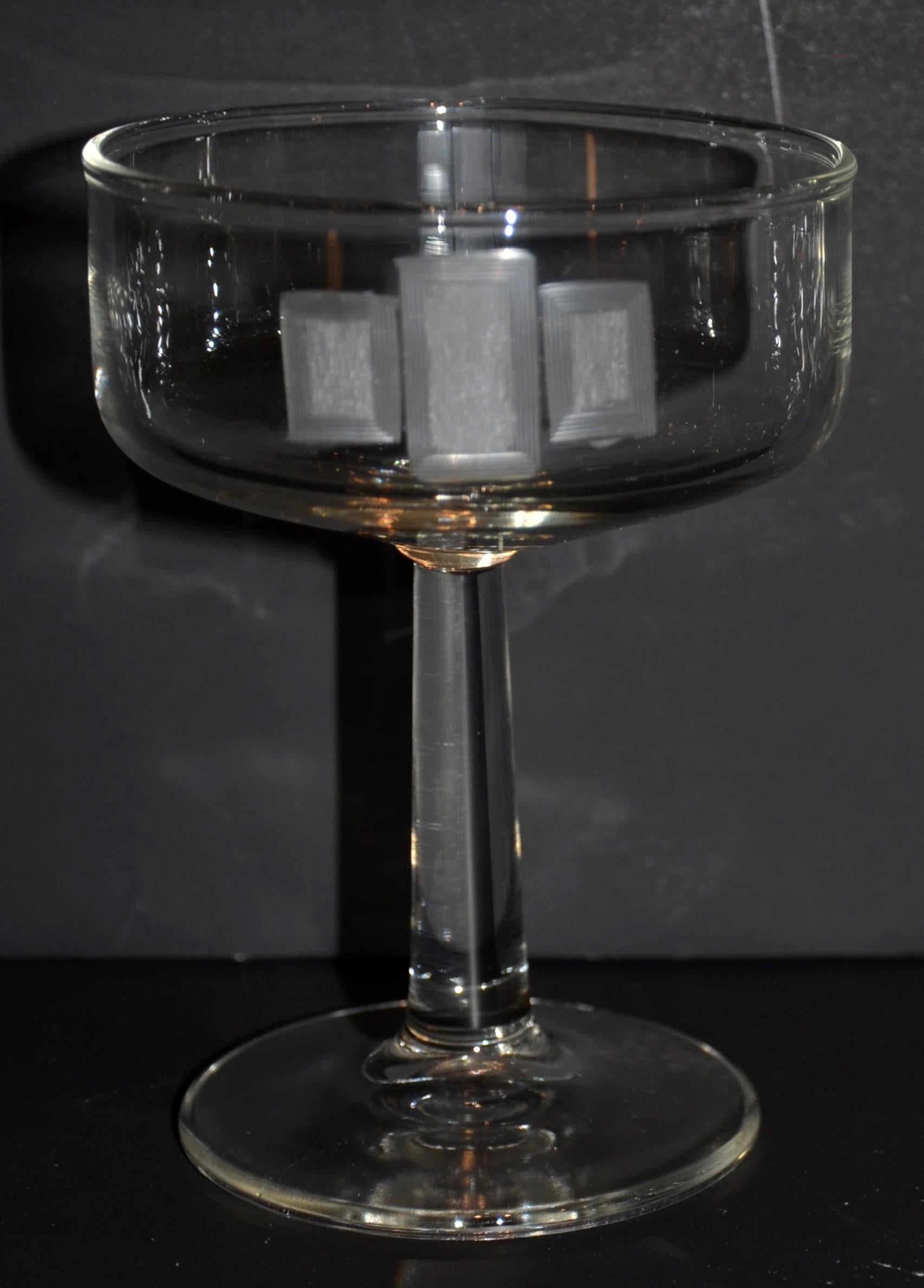 S/8 Handmade Frosted Etched Deco Style Accent Over Clear Glass Champagne Coupes In Good Condition For Sale In Houston, TX