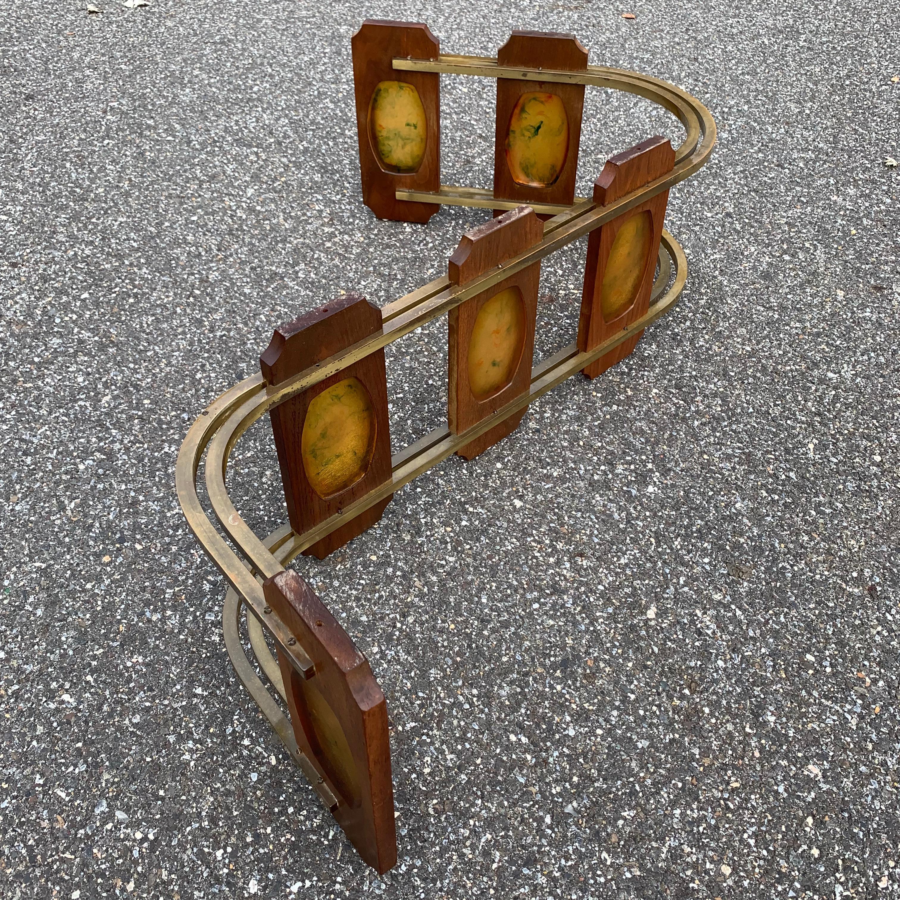 Mid-Century Modern S-Shaped Wood and Amber Colored Acrylic Cocktail Sofa Table For Sale 5