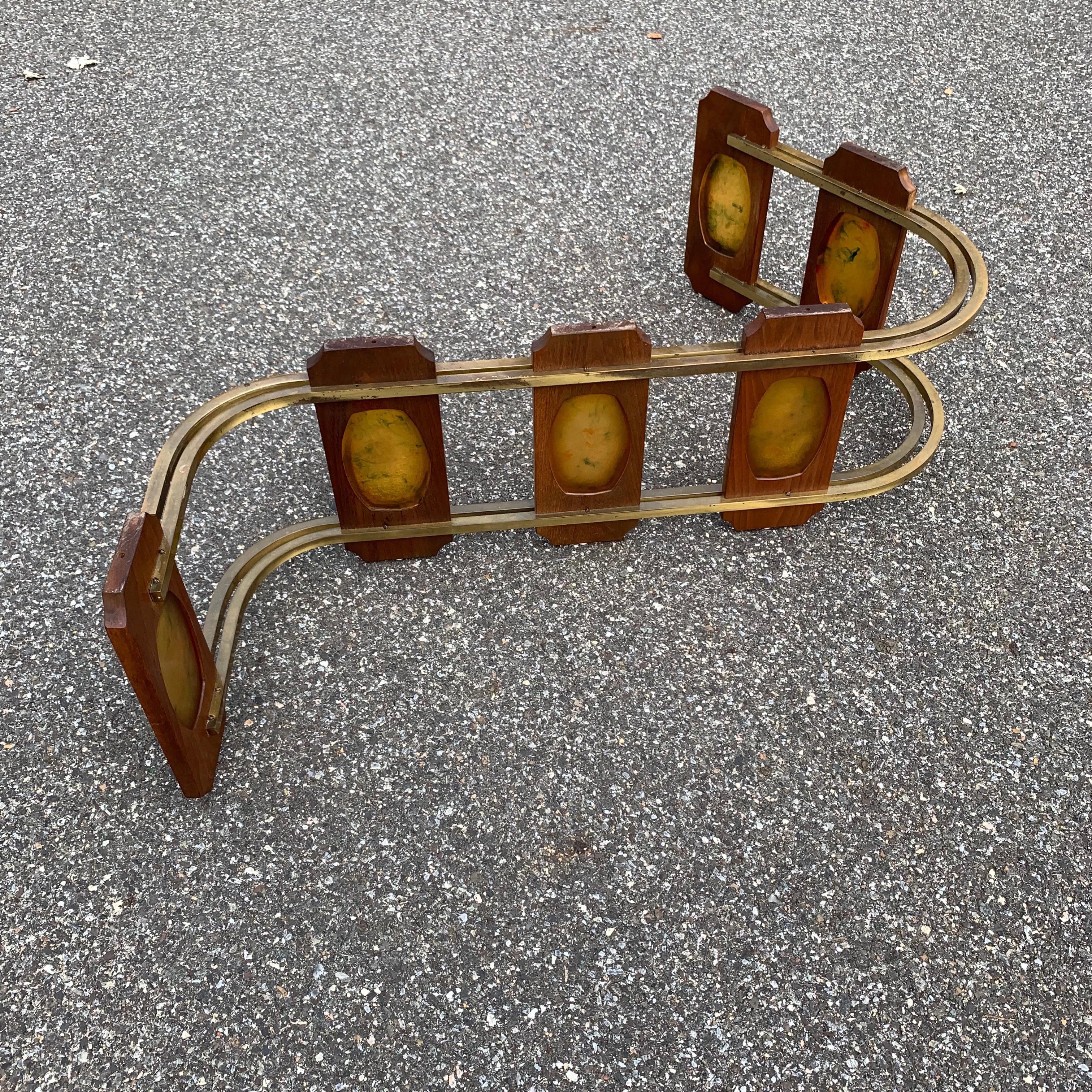 Mid-Century Modern S-Shaped Wood and Amber Colored Acrylic Cocktail Sofa Table For Sale 6