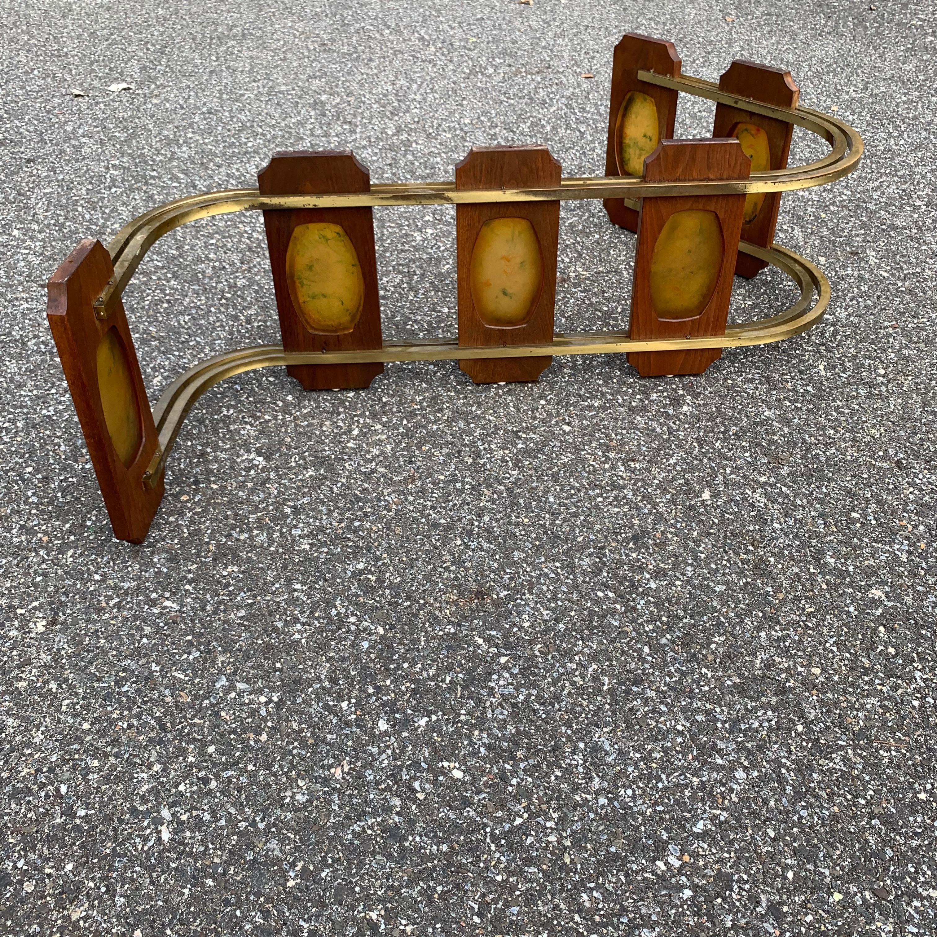 Mid-Century Modern S-Shaped Wood and Amber Colored Acrylic Cocktail Sofa Table For Sale 7