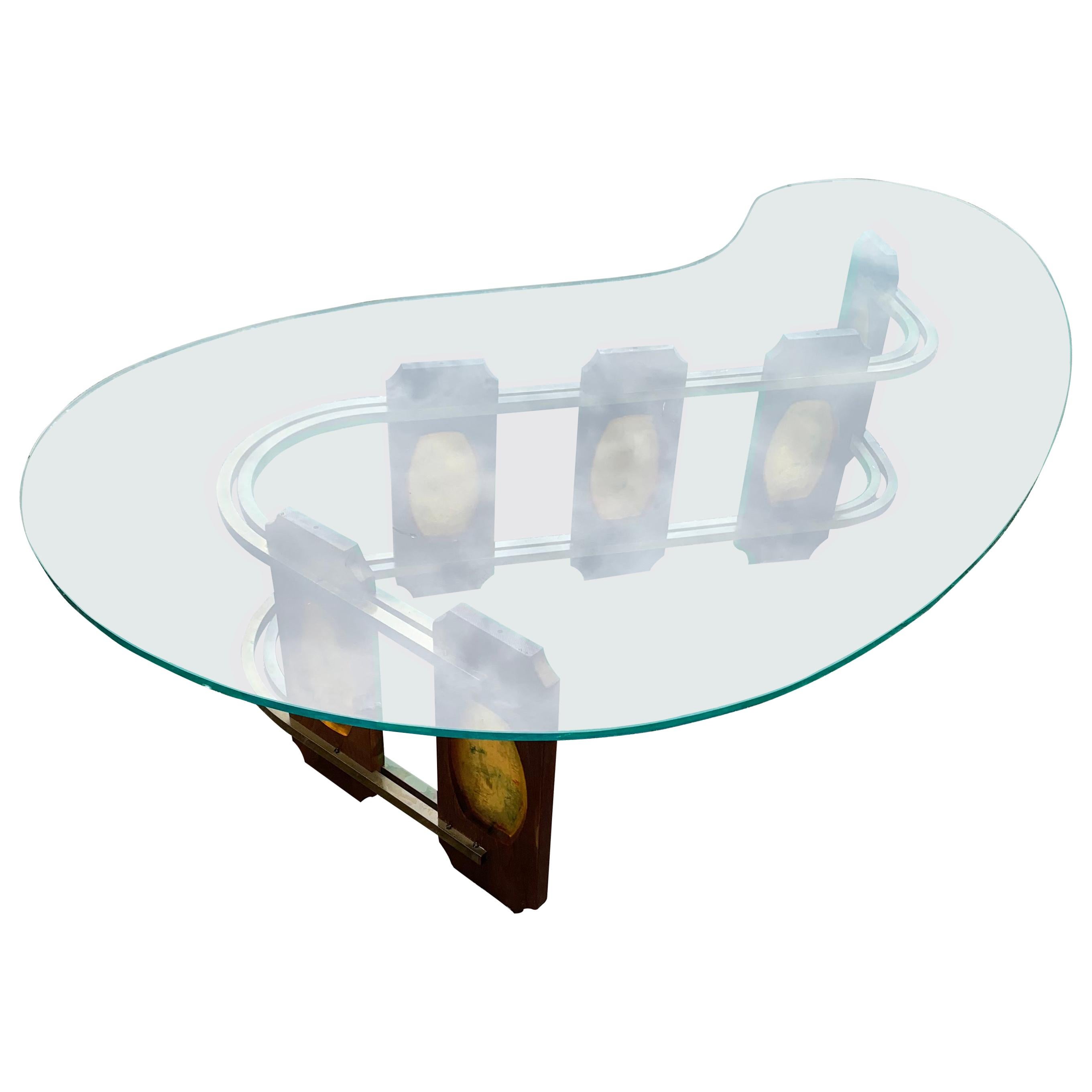 Mid-Century Modern S-Shaped Wood and Amber Colored Acrylic Cocktail Sofa Table For Sale