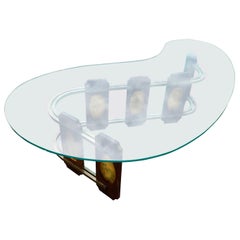 Vintage Mid-Century Modern S-Shaped Wood and Amber Colored Acrylic Cocktail Sofa Table