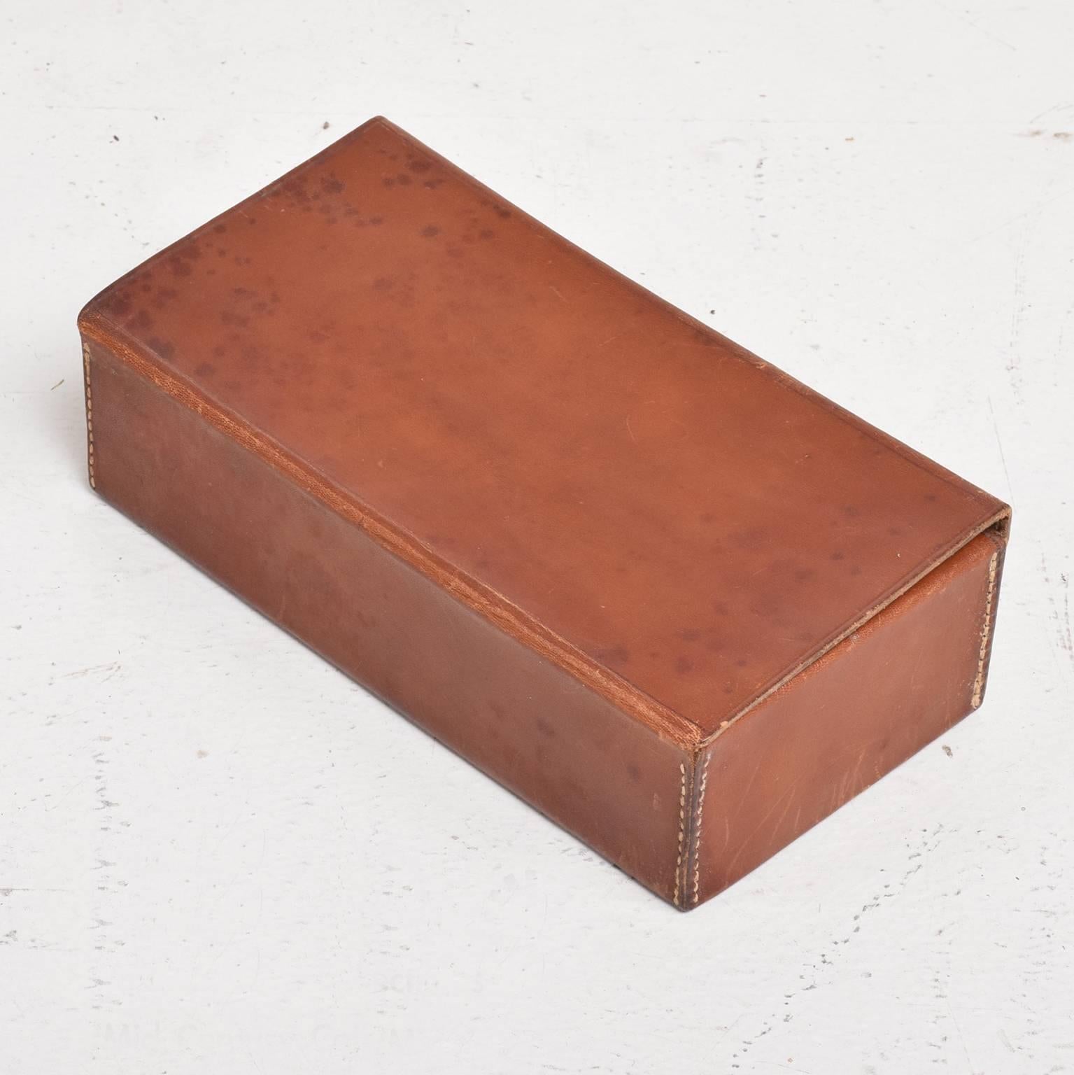 Patinated Mid-Century Modern Saddle Leather Box with Lock