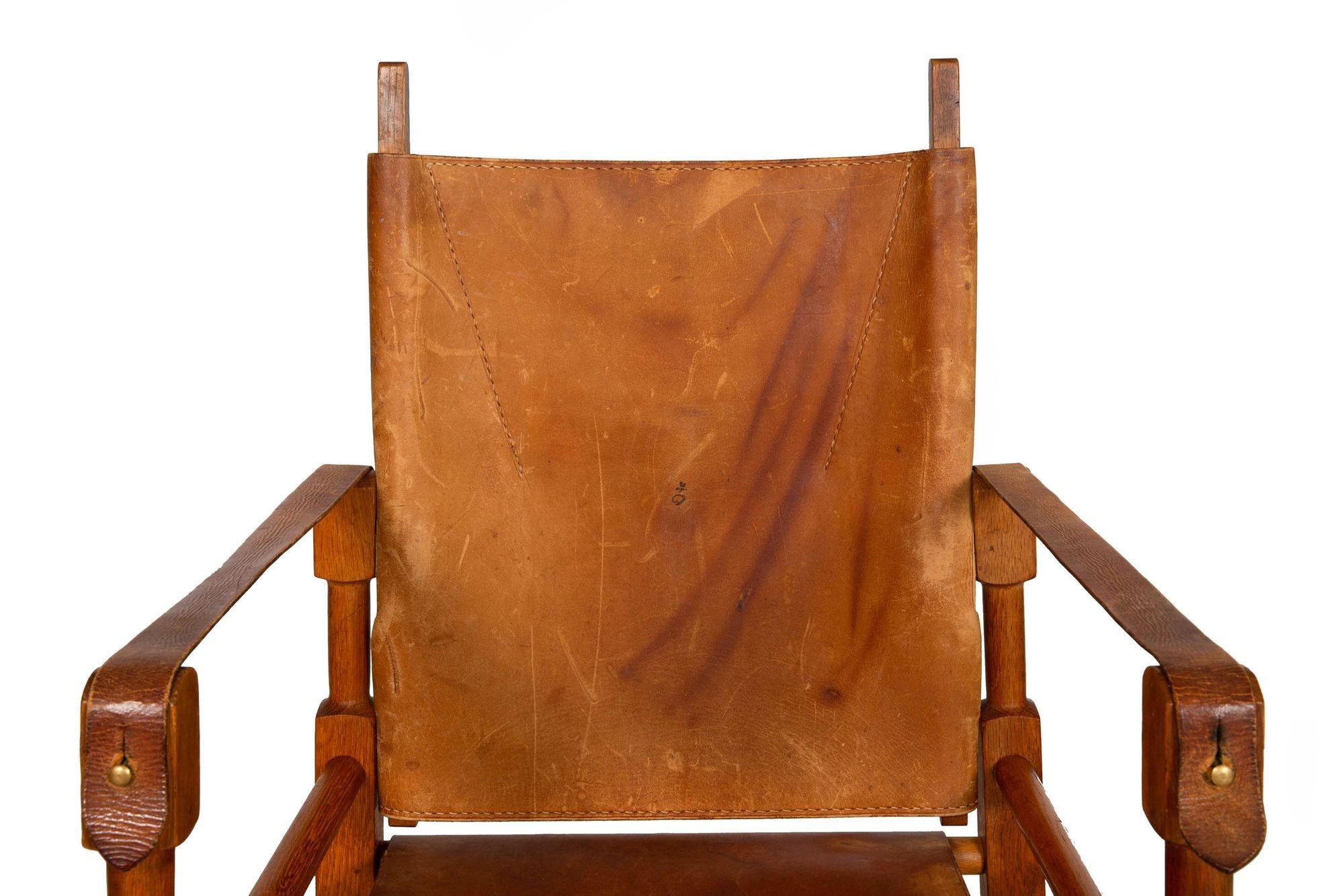 Brass Mid-Century Modern “Safari” Chair in Leather and Oak by Wilhelm Kienzle, 1950s For Sale