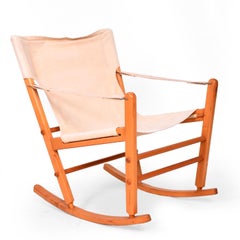 Mid-Century Modern Safari Chair Rocker Solid Maple Canvas Gold Metal Folding Co