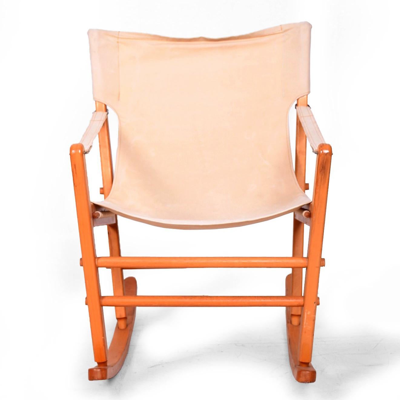 American Mid-Century Modern Safari Chair Rocker Solid Maple Canvas Gold Metal Folding Co